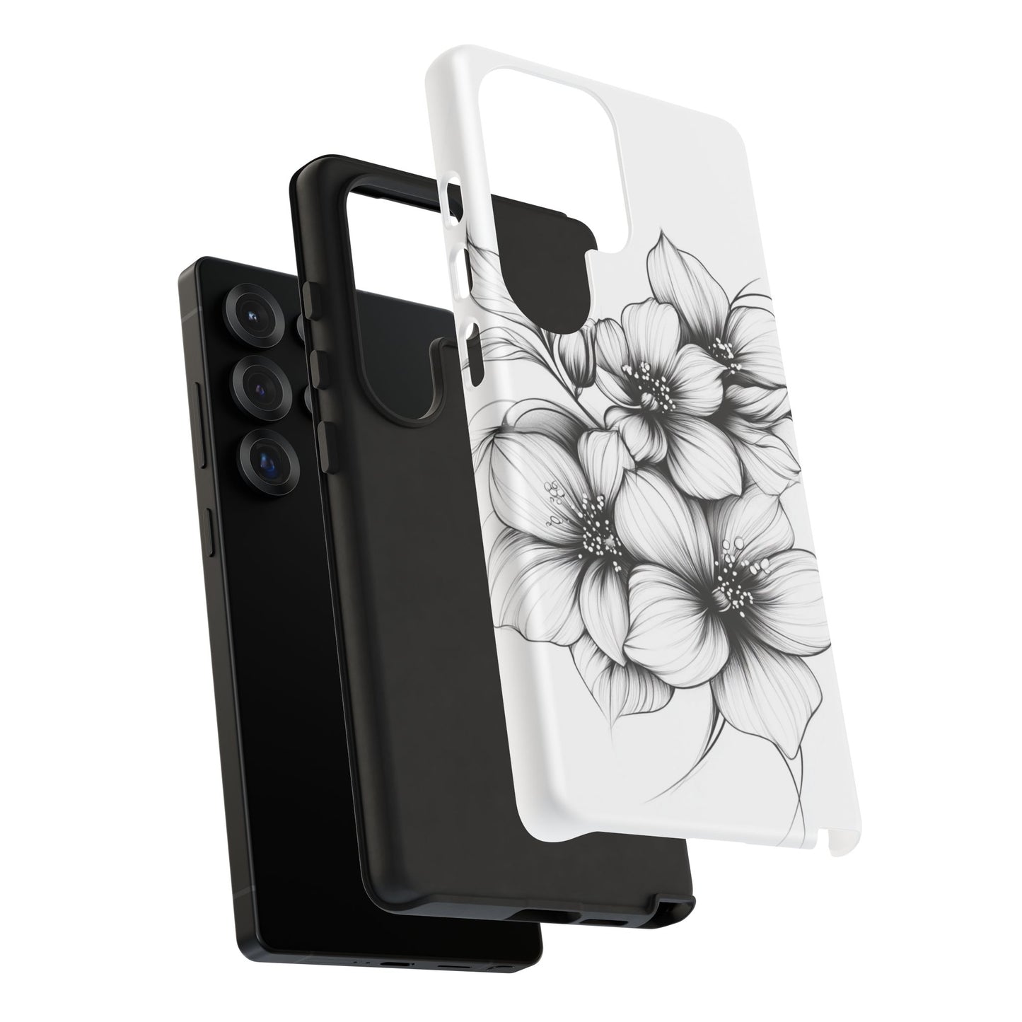 Floral Sketch Tough Case — Black & White Hand-Drawn Blossom Phone Cover