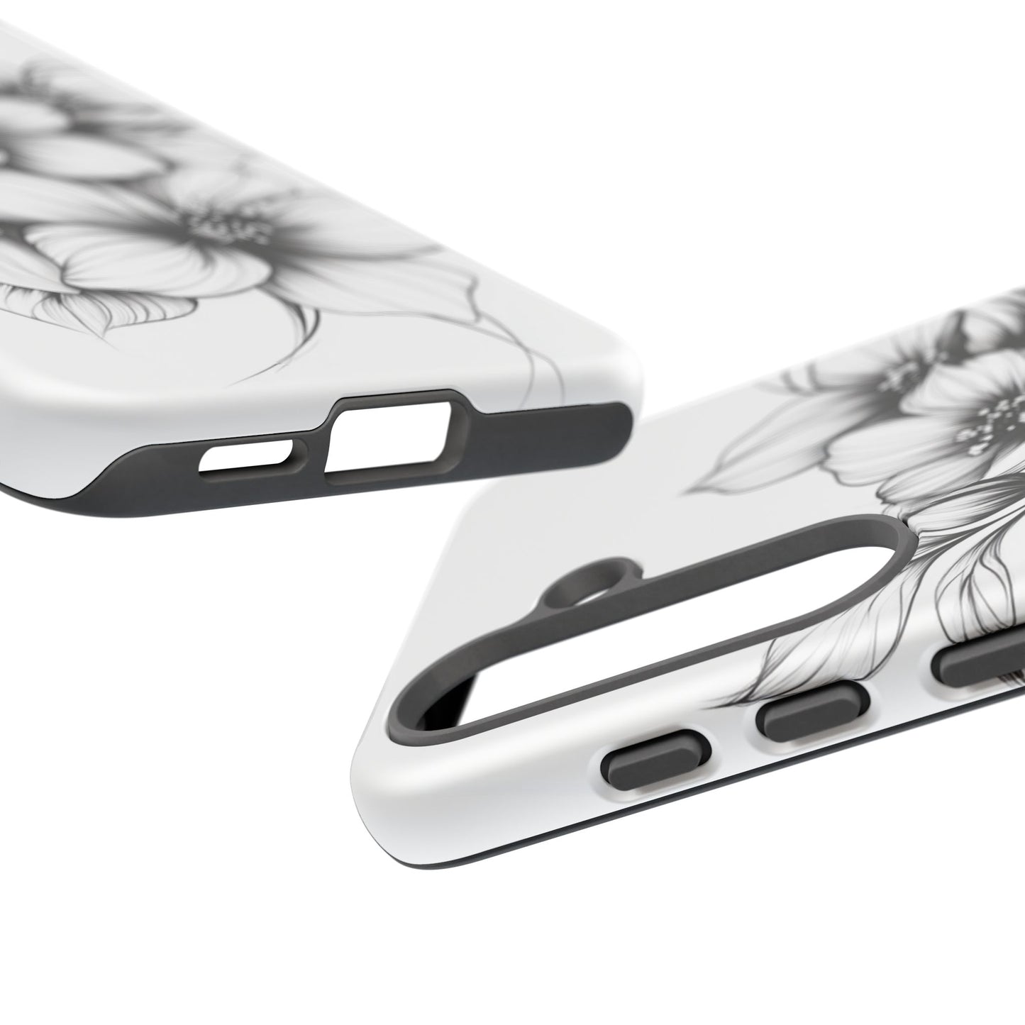 Floral Sketch Tough Case — Black & White Hand-Drawn Blossom Phone Cover