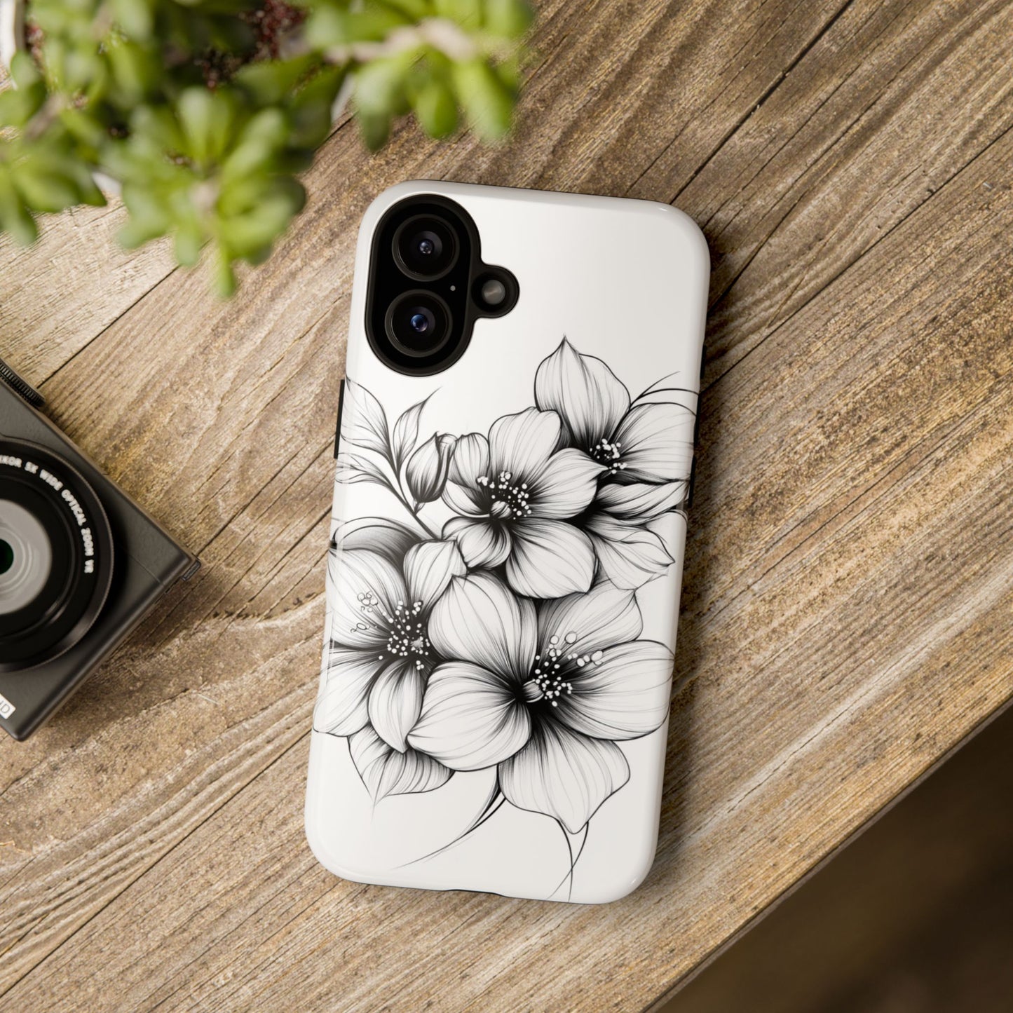 Floral Sketch Tough Case — Black & White Hand-Drawn Blossom Phone Cover