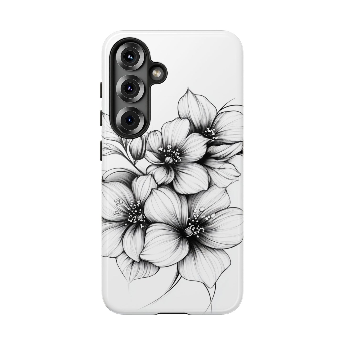 Floral Sketch Tough Case — Black & White Hand-Drawn Blossom Phone Cover