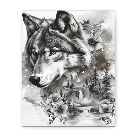 Monochrome Wolf Canvas Wall Art – Majestic Grey Forest Portrait on Stretched Matte Canvas