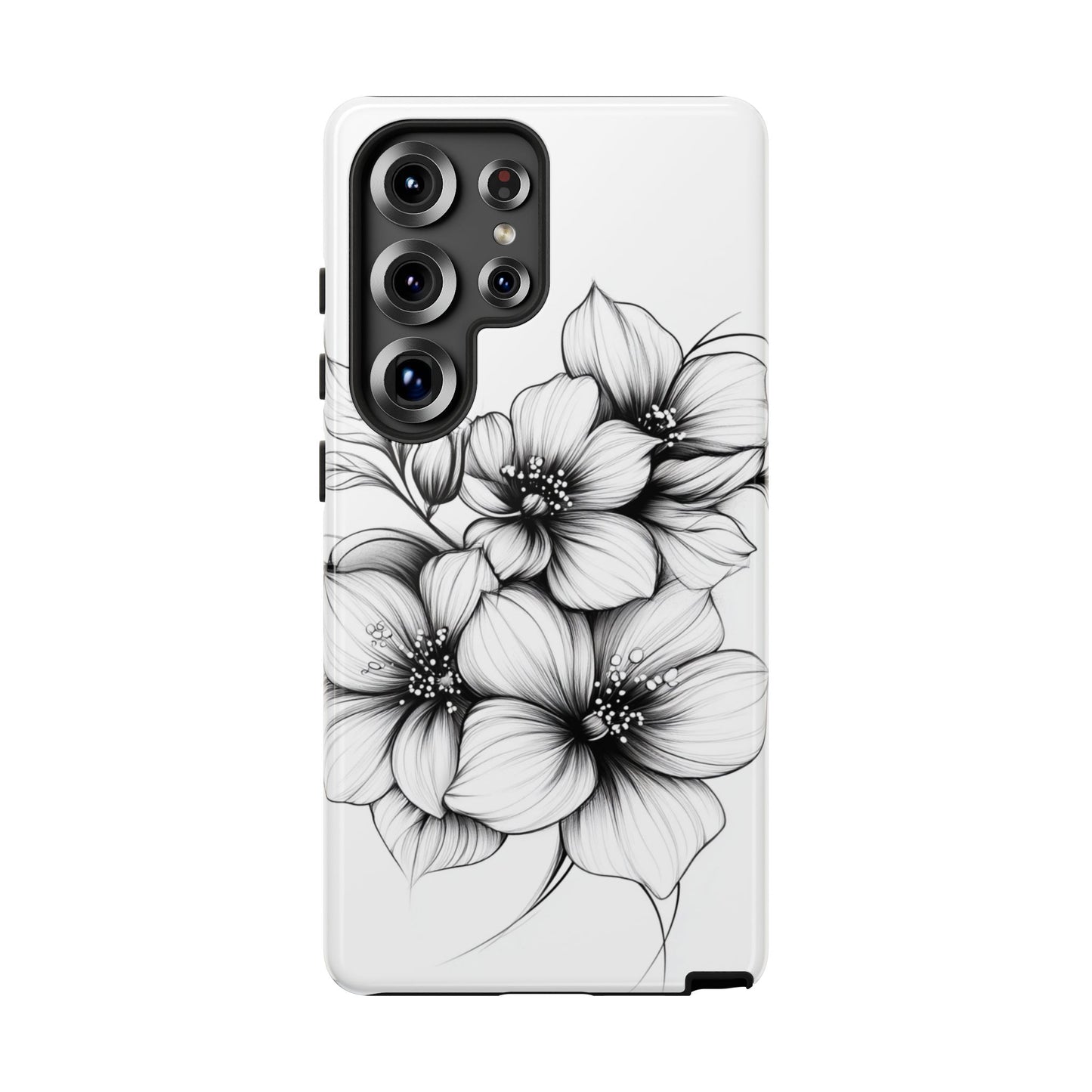 Floral Sketch Tough Case — Black & White Hand-Drawn Blossom Phone Cover