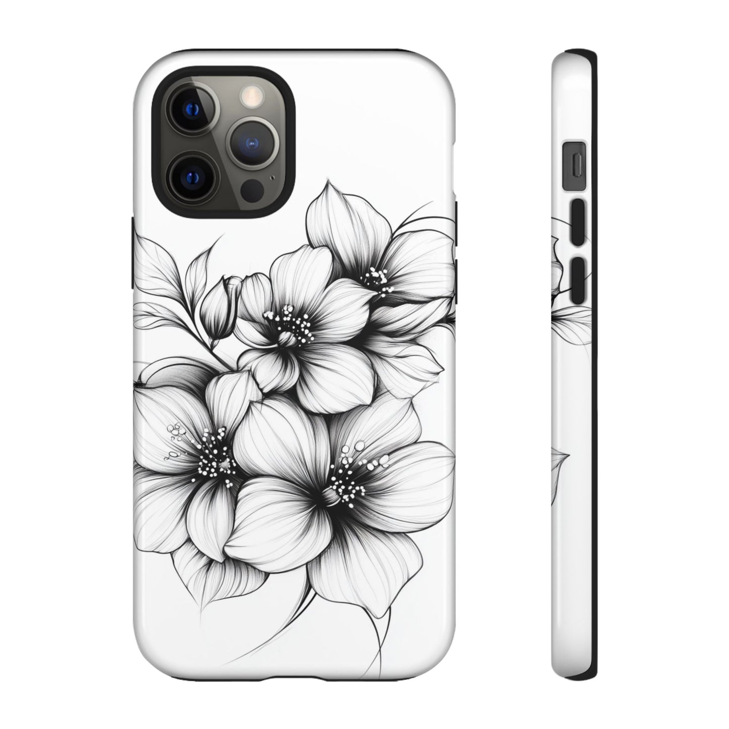 Floral Sketch Tough Case — Black & White Hand-Drawn Blossom Phone Cover