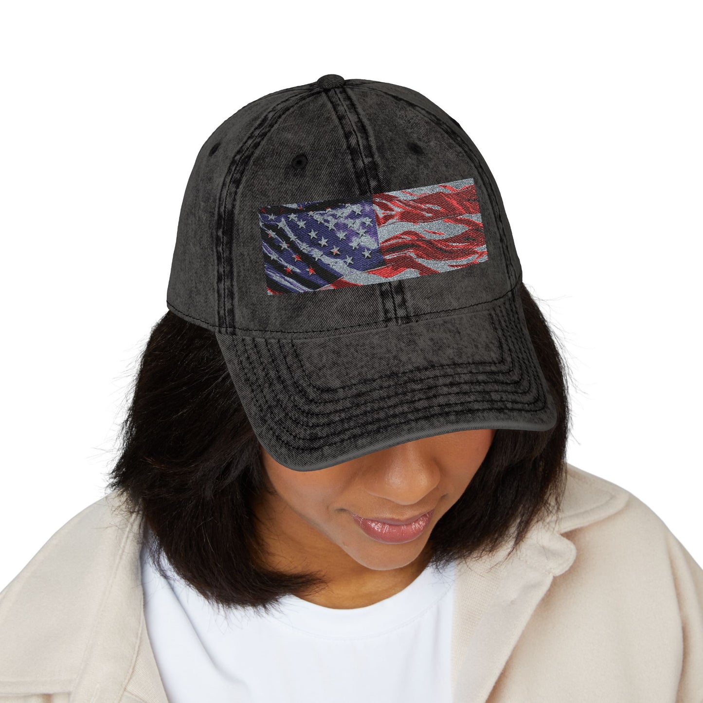 Vintage Embroidered American Flag Cap — Distressed Patriotic Baseball Hat