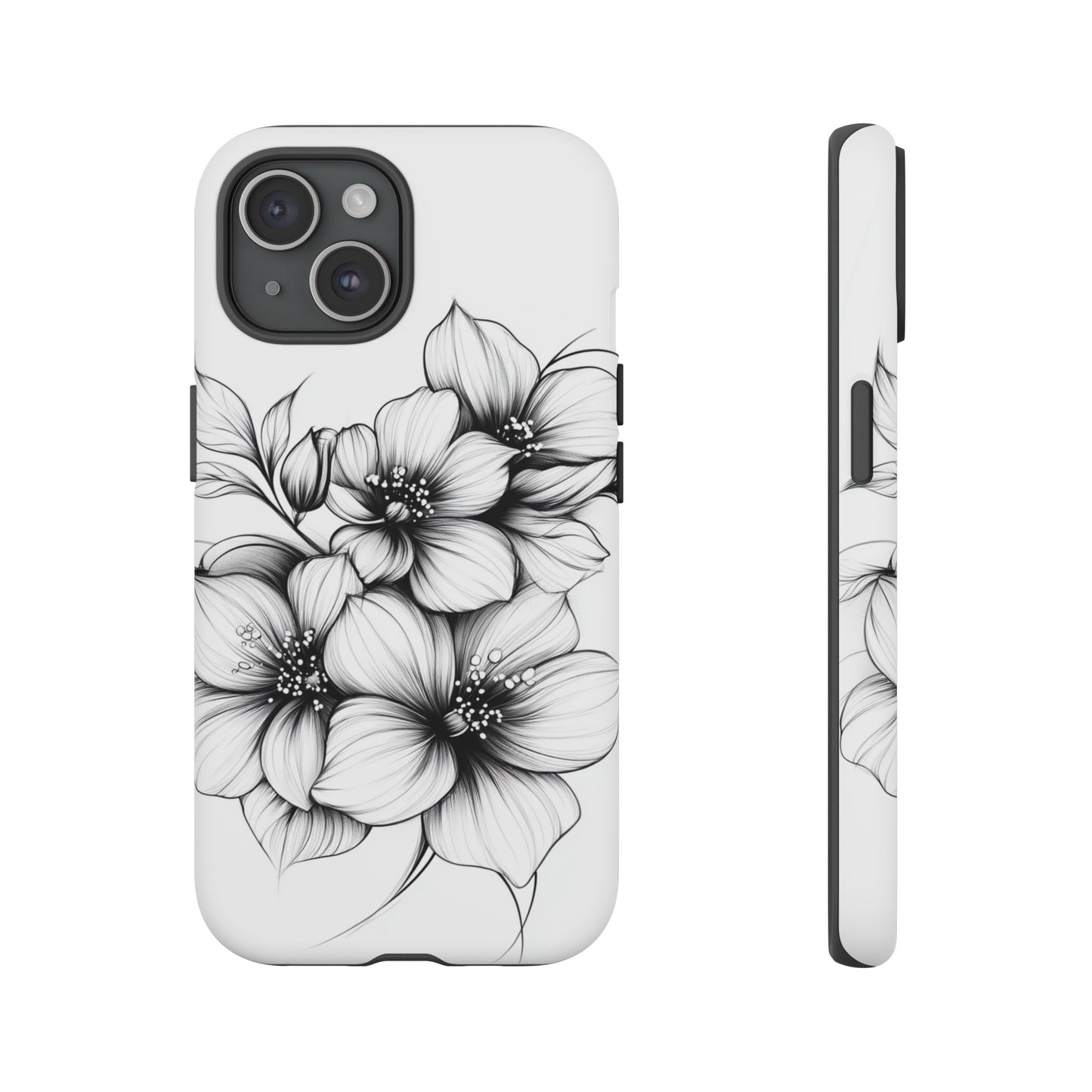 Floral Sketch Tough Case — Black & White Hand-Drawn Blossom Phone Cover