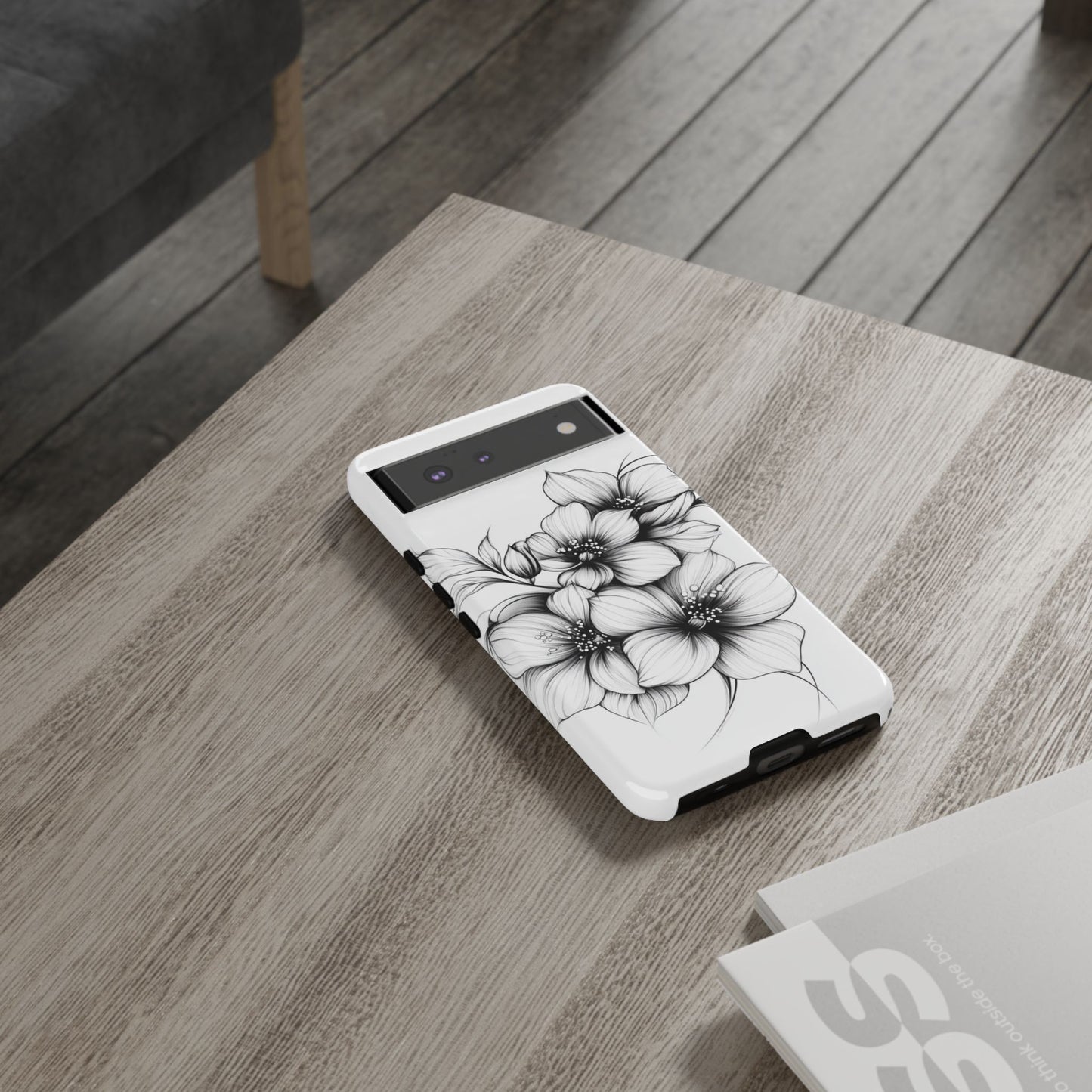 Floral Sketch Tough Case — Black & White Hand-Drawn Blossom Phone Cover