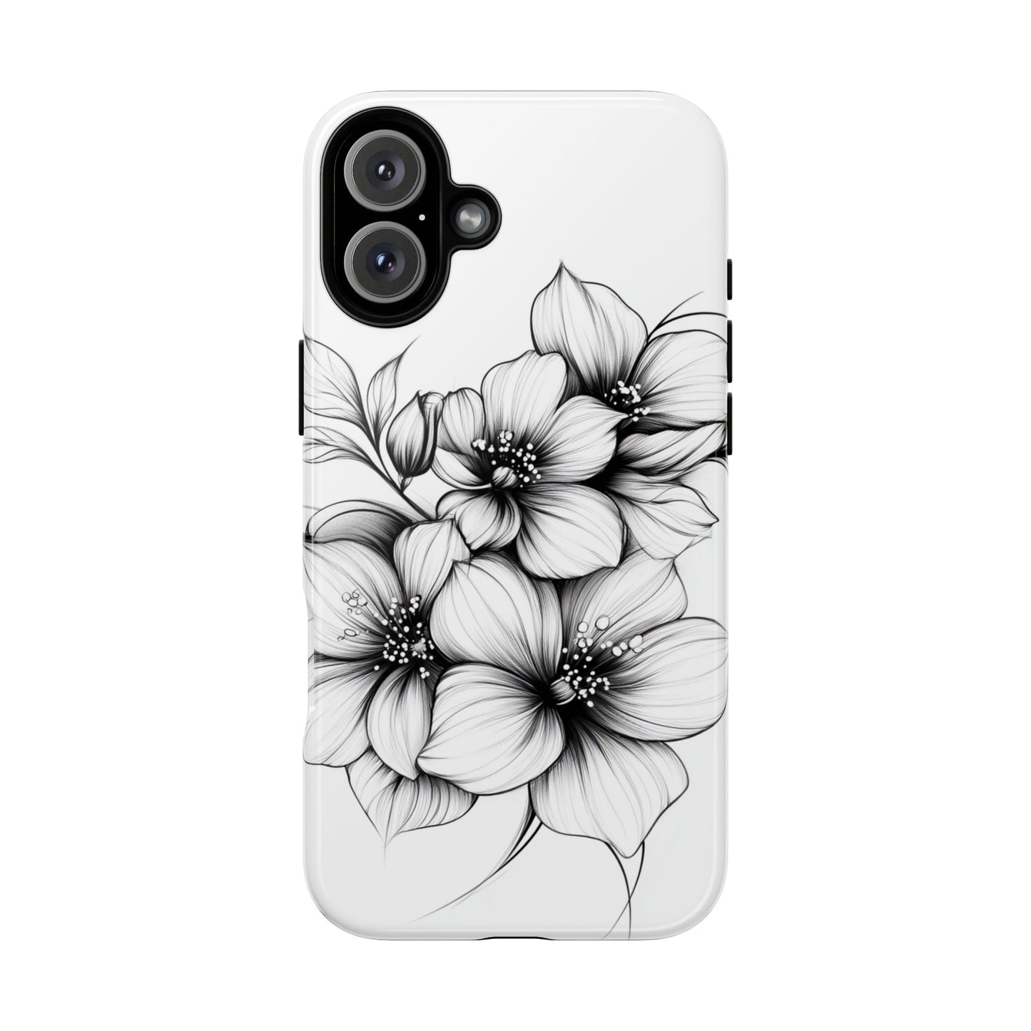 Floral Sketch Tough Case — Black & White Hand-Drawn Blossom Phone Cover