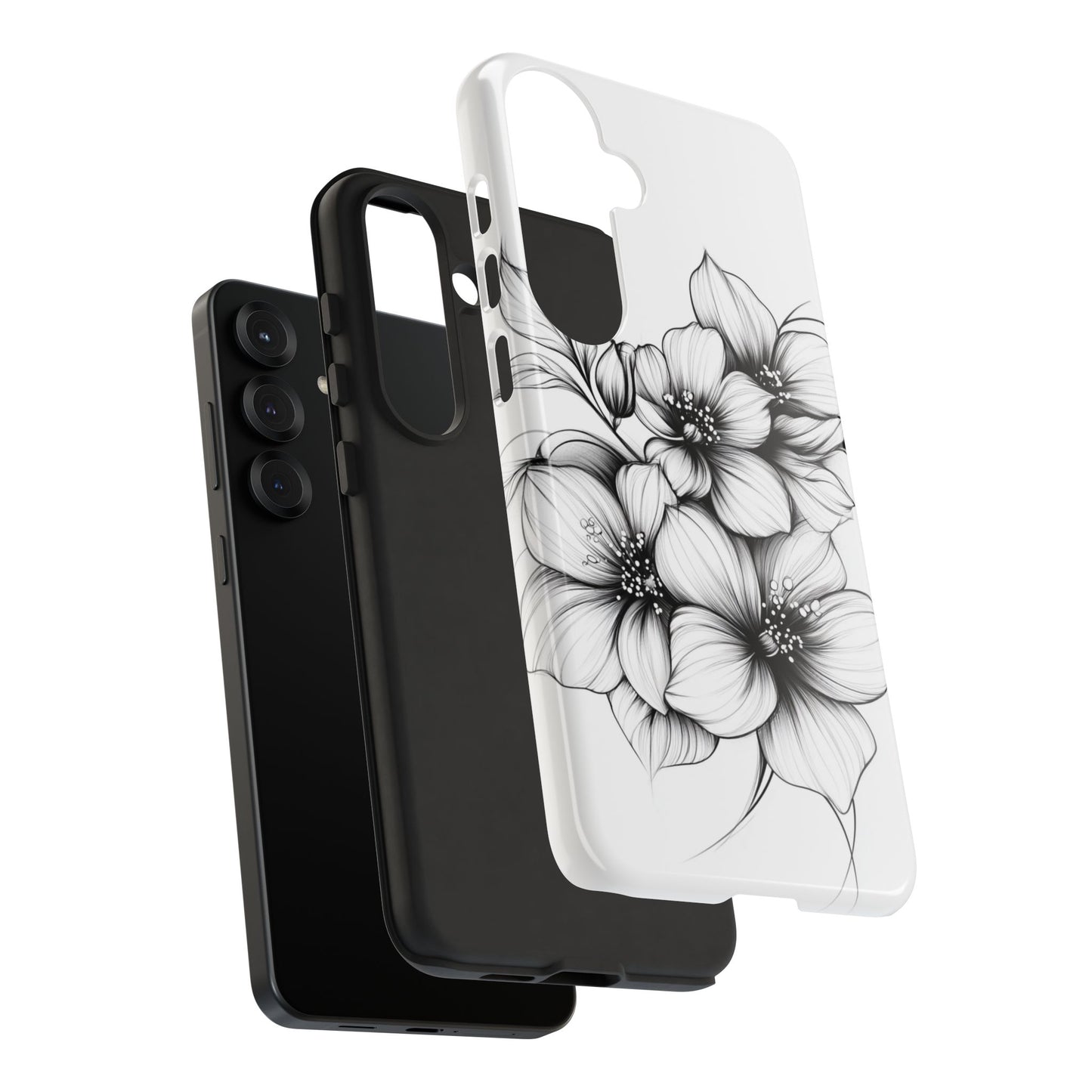 Floral Sketch Tough Case — Black & White Hand-Drawn Blossom Phone Cover