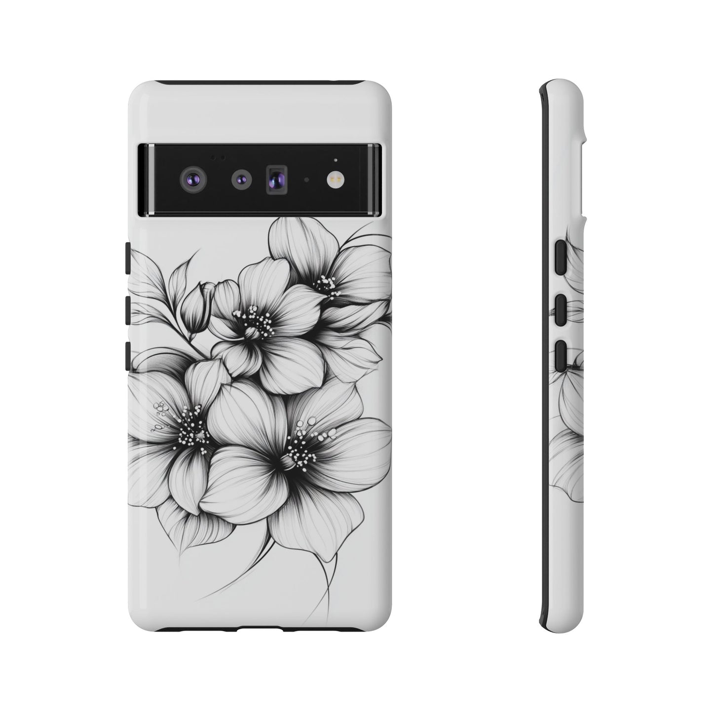 Floral Sketch Tough Case — Black & White Hand-Drawn Blossom Phone Cover
