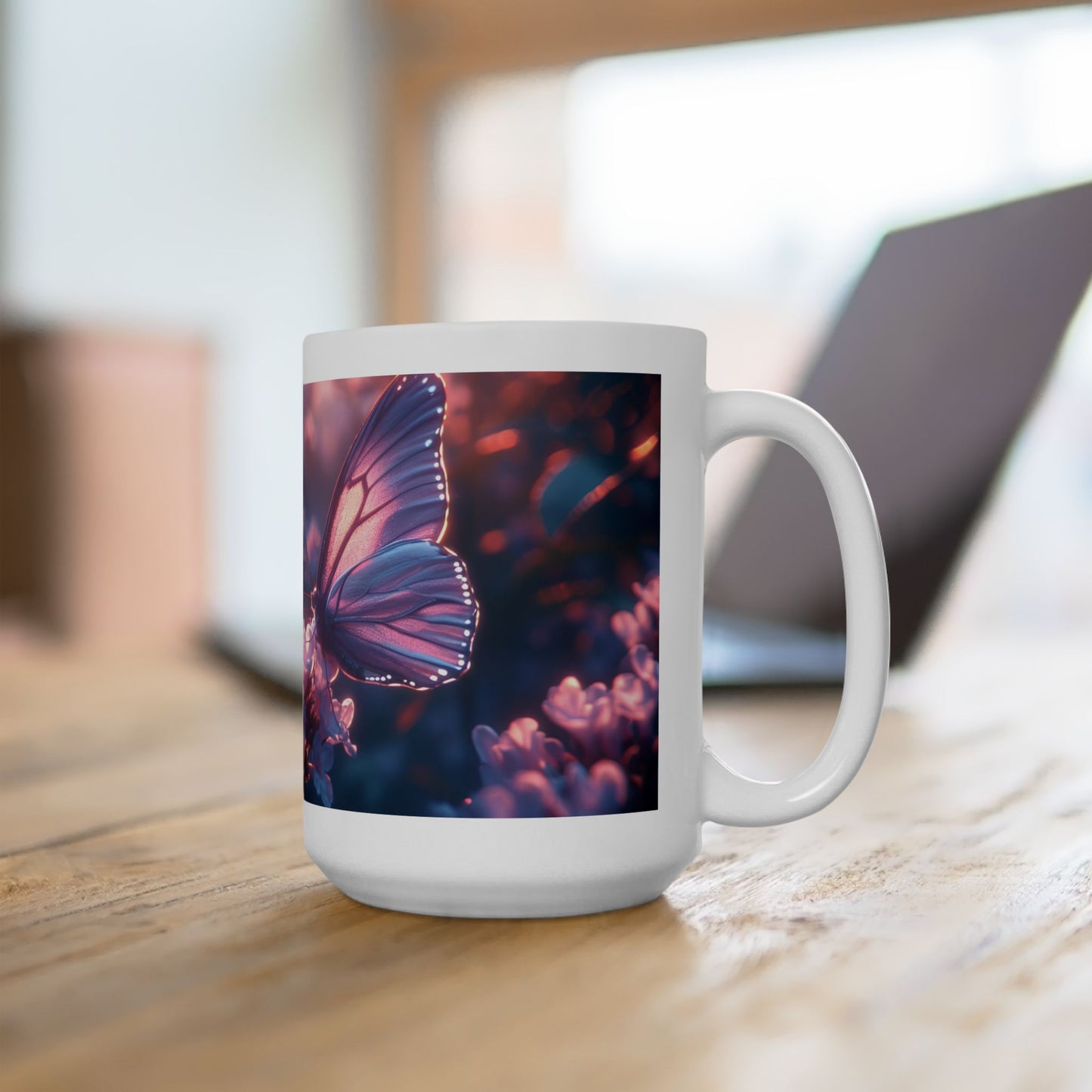 Butterfly Garden Ceramic Mug — Dreamy Purple Floral Butterfly Coffee Cup 15oz