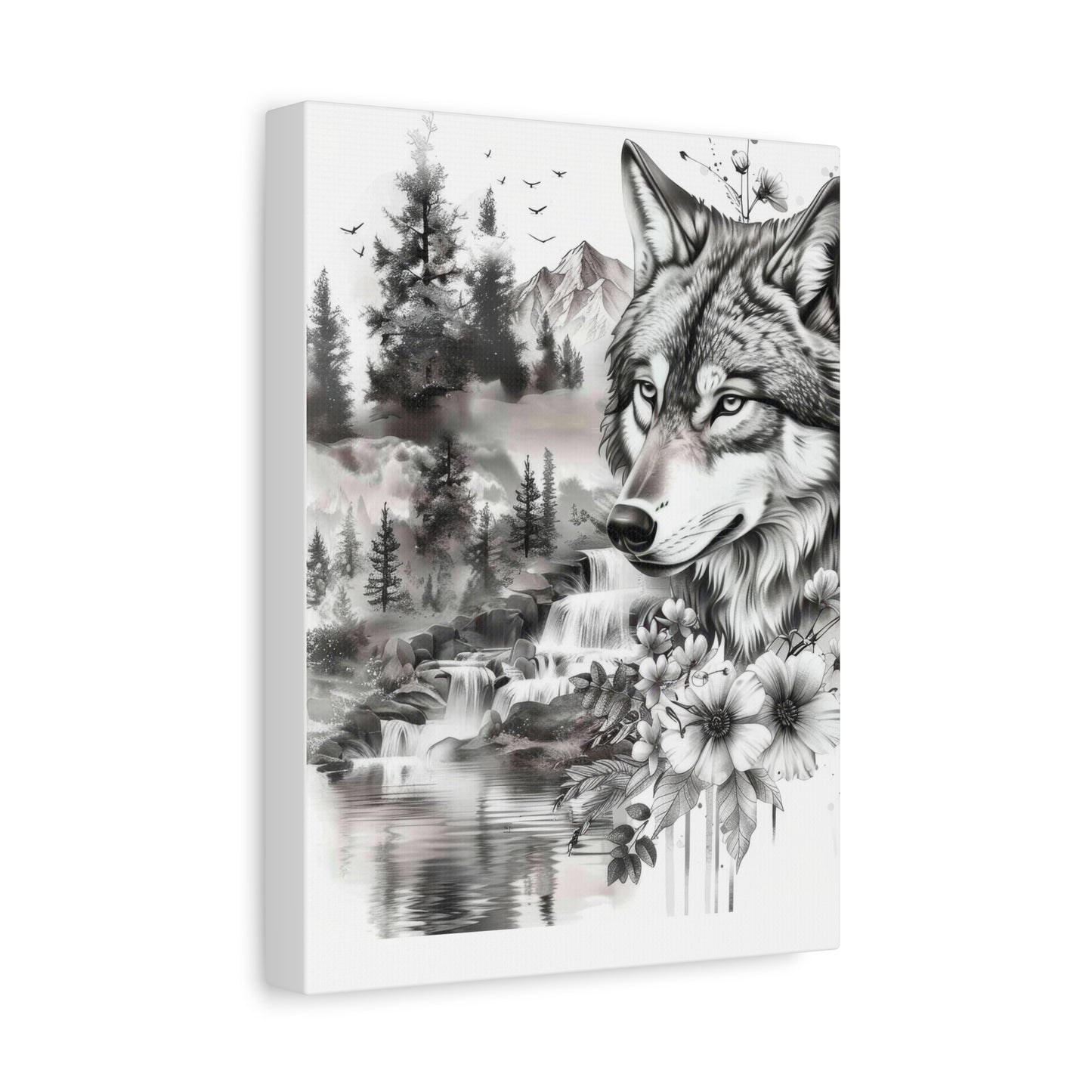 Wolf Nature Canvas Print — Black & White Forest Landscape Wall Art