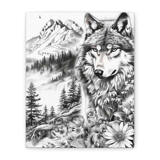 Wolf Mountain Canvas Wall Art — Black & White Nature Print, Floral Wilderness Stretched Canvas