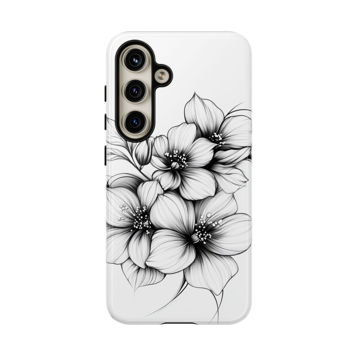Floral Sketch Tough Case — Black & White Hand-Drawn Blossom Phone Cover