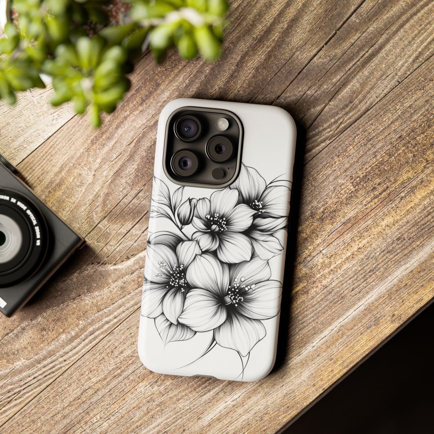 Floral Sketch Tough Case — Black & White Hand-Drawn Blossom Phone Cover