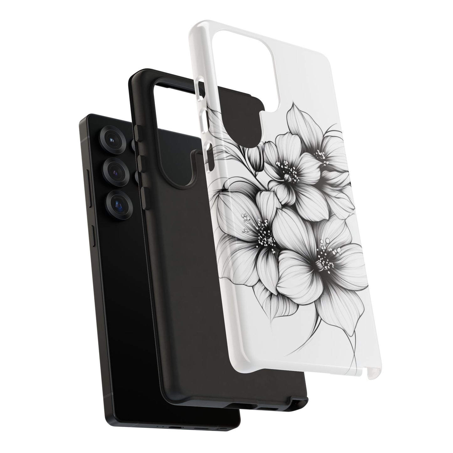 Floral Sketch Tough Case — Black & White Hand-Drawn Blossom Phone Cover