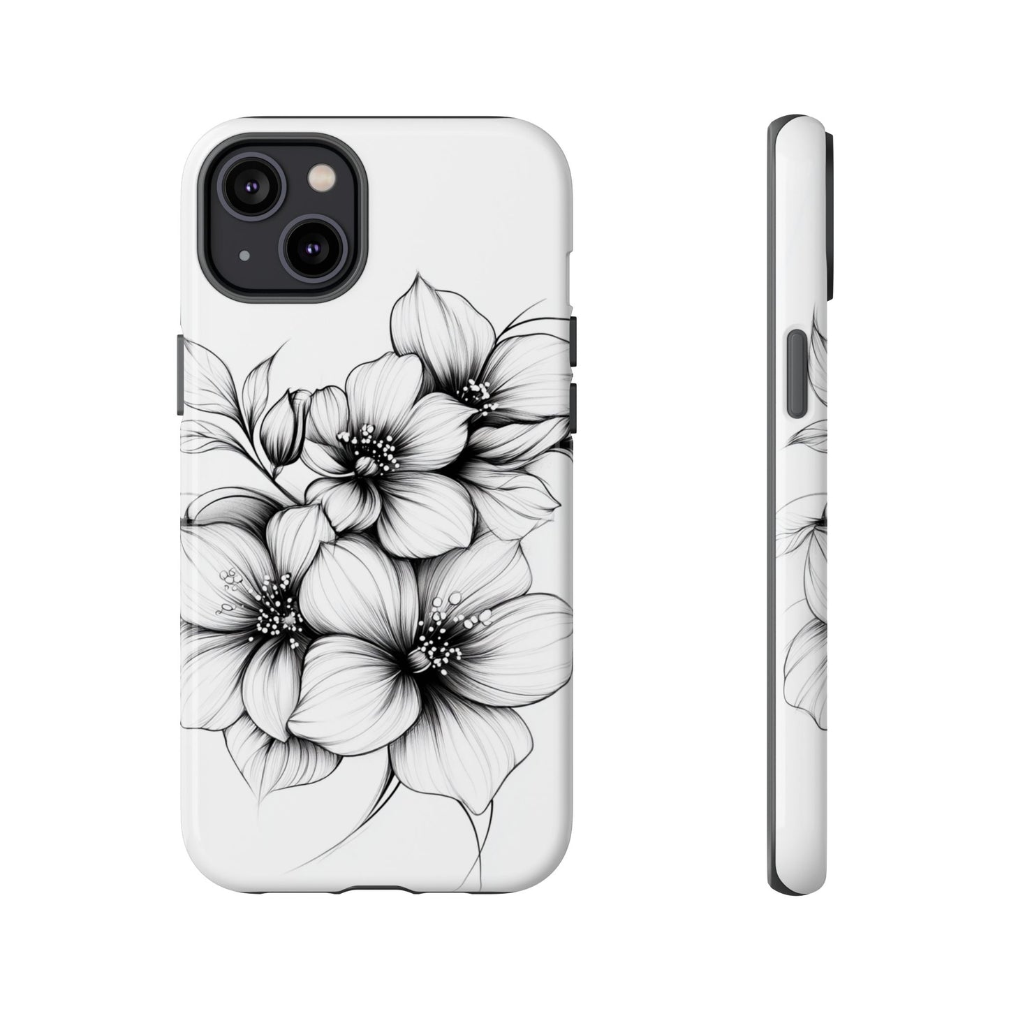 Floral Sketch Tough Case — Black & White Hand-Drawn Blossom Phone Cover