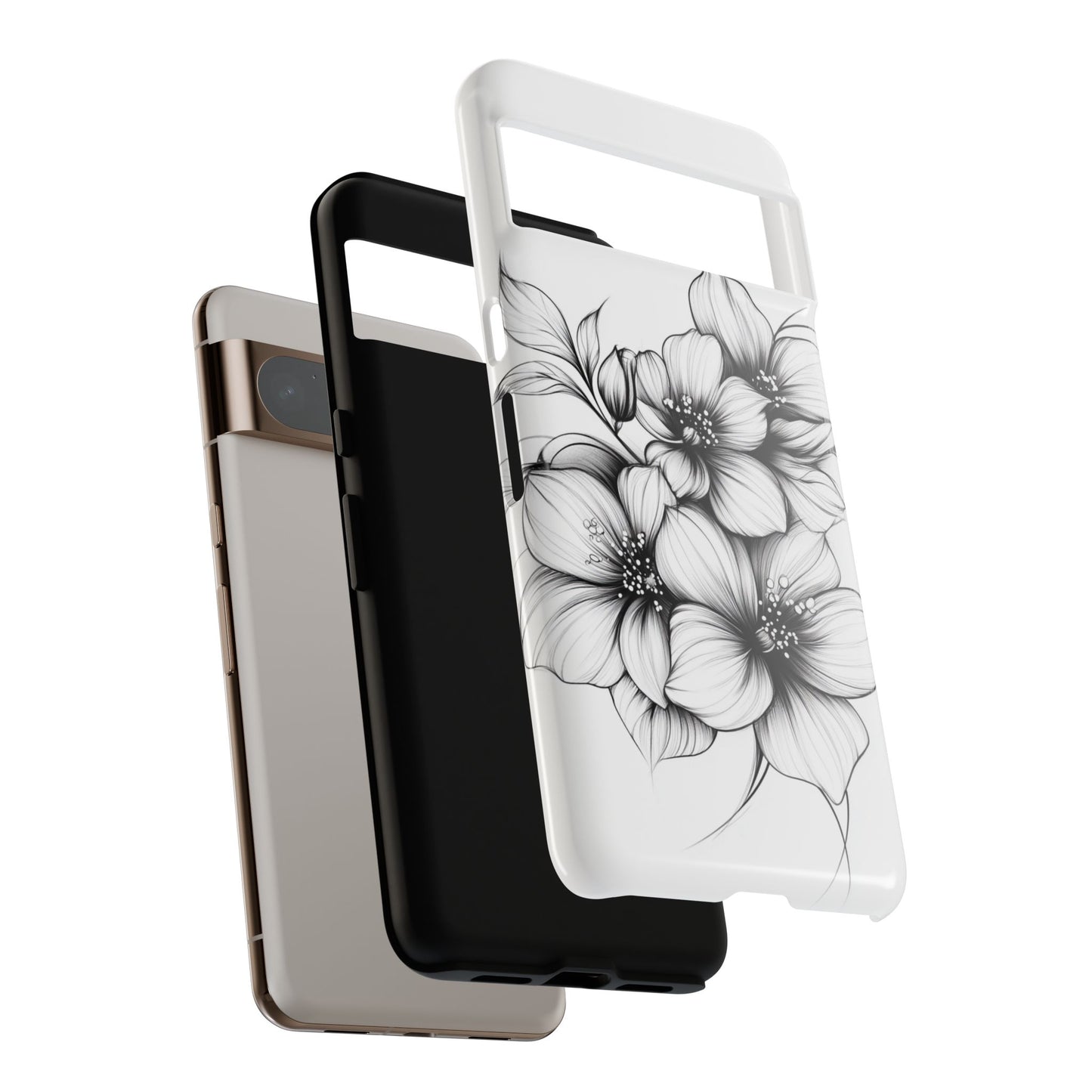 Floral Sketch Tough Case — Black & White Hand-Drawn Blossom Phone Cover