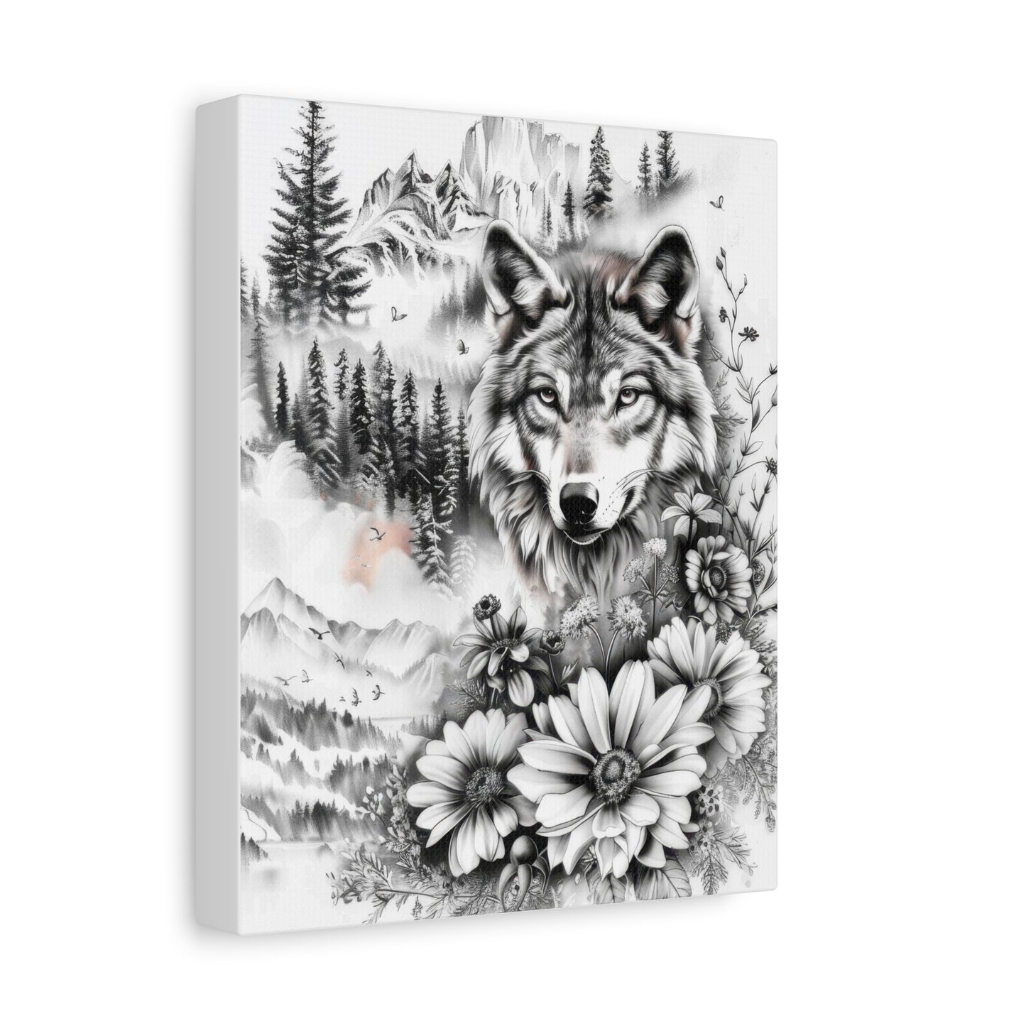 Wolf & Wildflowers Matte Canvas Art — Black & White Nature Wall Decor