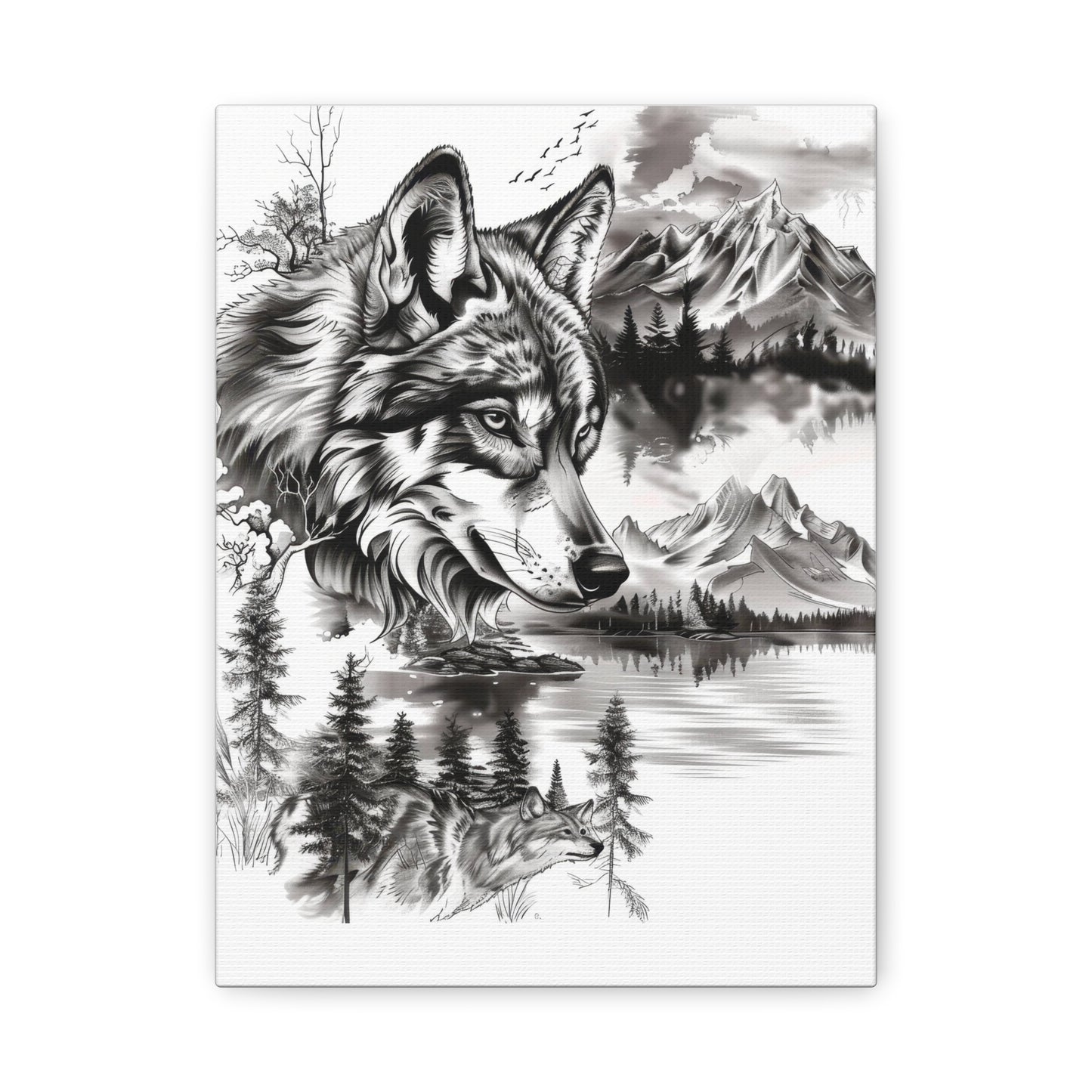 Wolf Landscape Canvas Print — Monochrome Mountain & Forest Wall Art