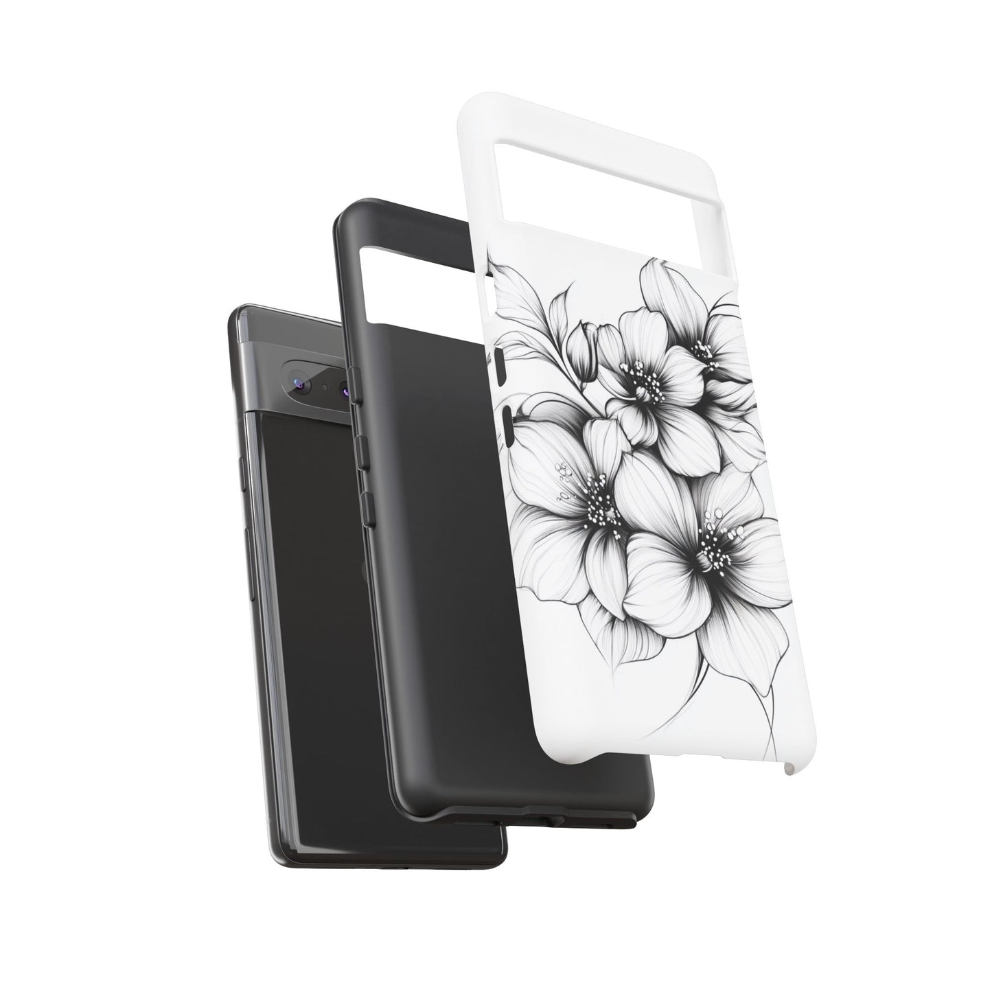 Floral Sketch Tough Case — Black & White Hand-Drawn Blossom Phone Cover