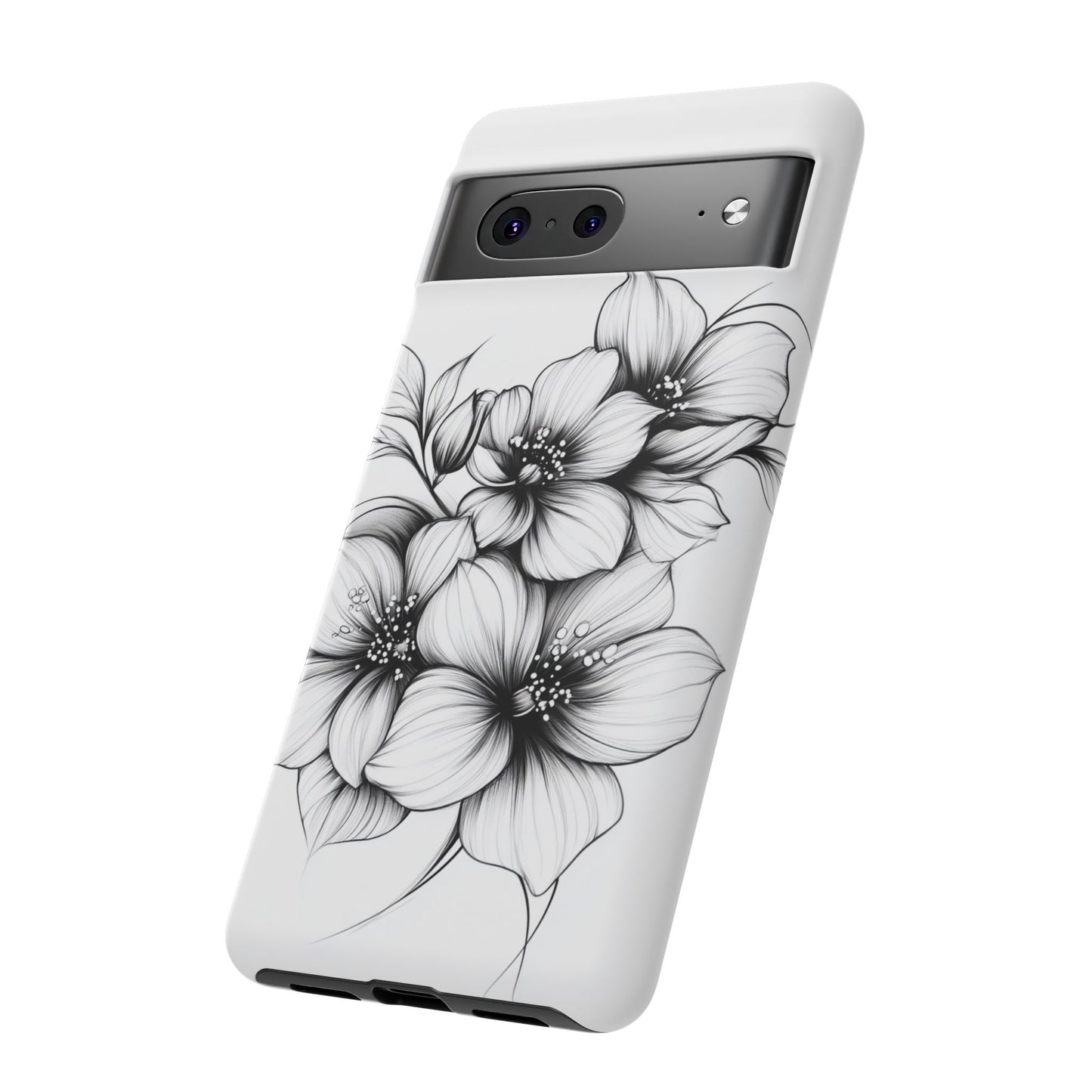 Floral Sketch Tough Case — Black & White Hand-Drawn Blossom Phone Cover