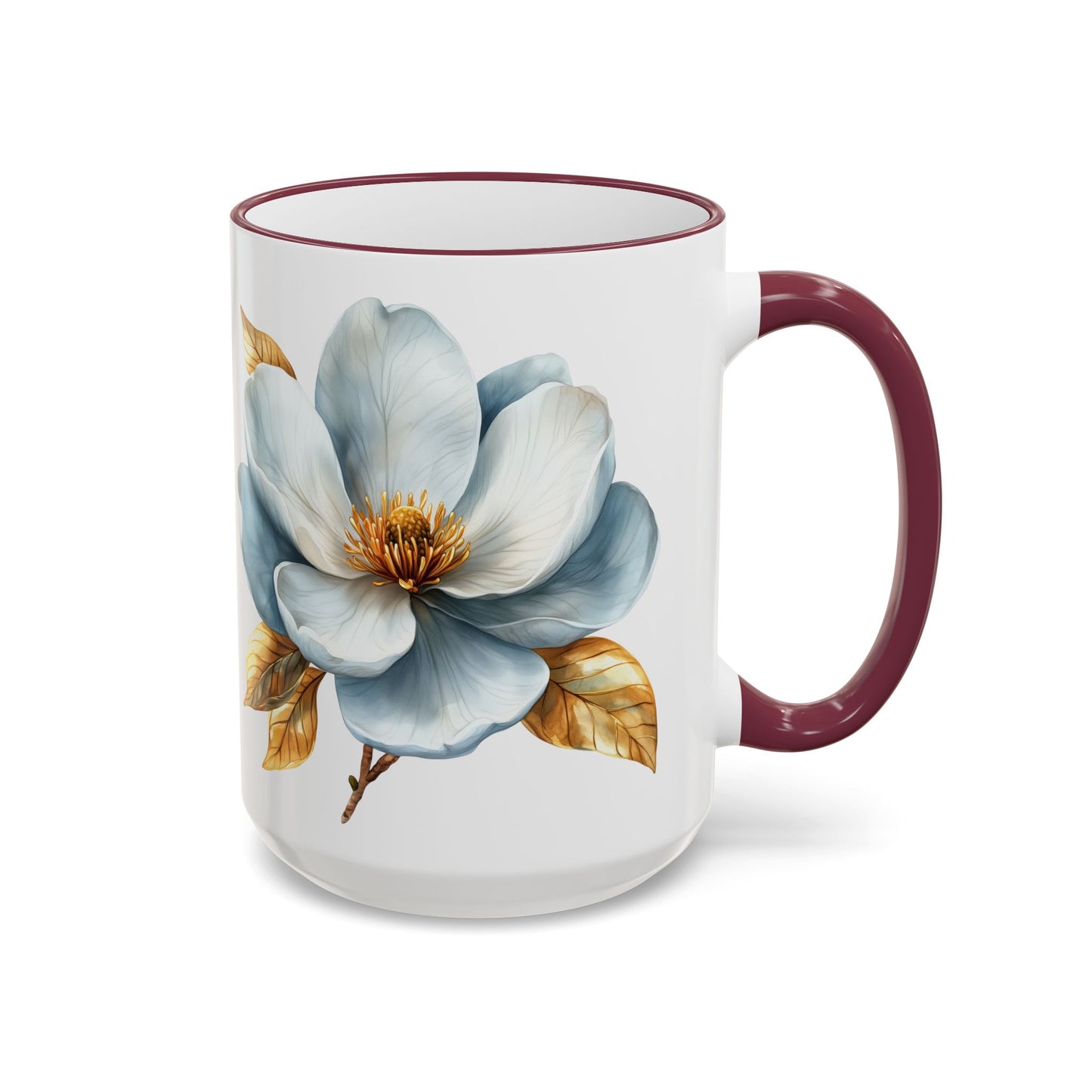 Floral Magnolia Accent Rim Mug with Cross, Blue & Gold Botanical Coffee Cup, 15oz