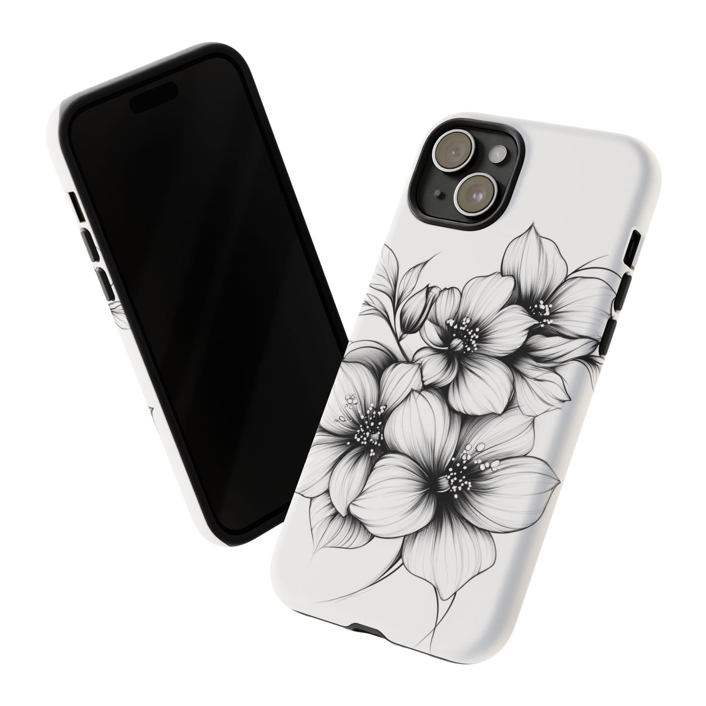 Floral Sketch Tough Case — Black & White Hand-Drawn Blossom Phone Cover