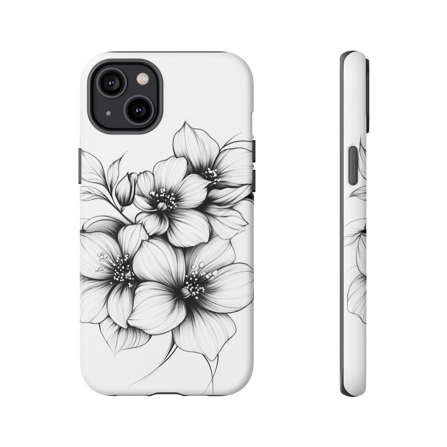 Floral Sketch Tough Case — Black & White Hand-Drawn Blossom Phone Cover