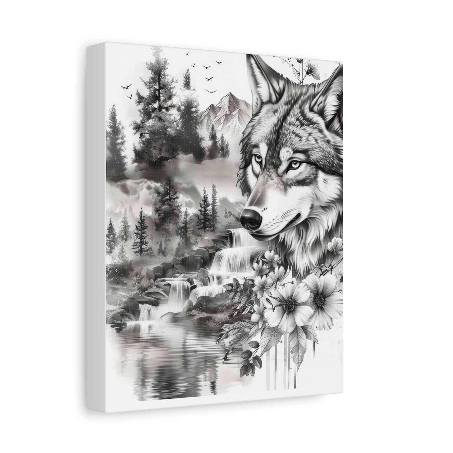 Wolf Nature Canvas Print — Black & White Forest Landscape Wall Art