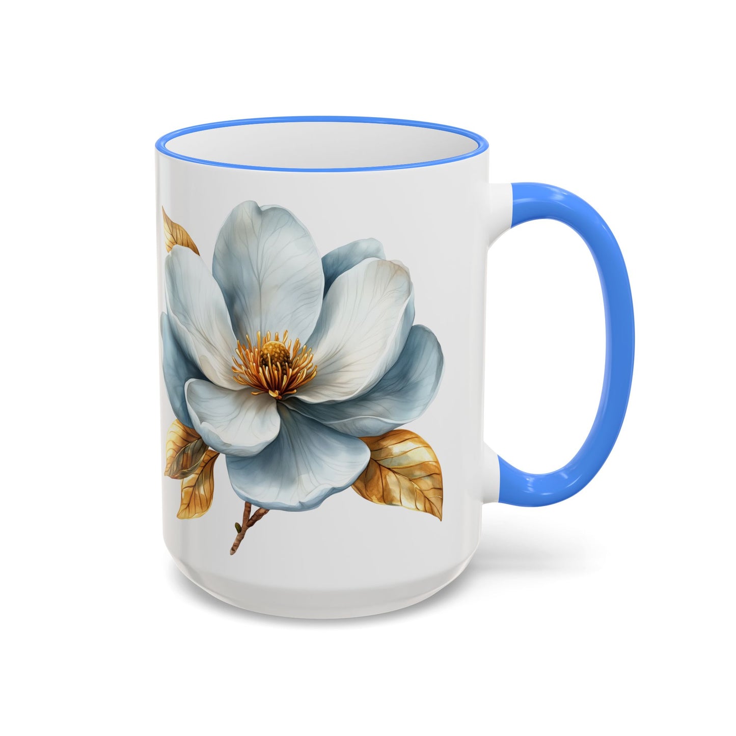 Floral Magnolia Accent Rim Mug with Cross, Blue & Gold Botanical Coffee Cup, 15oz