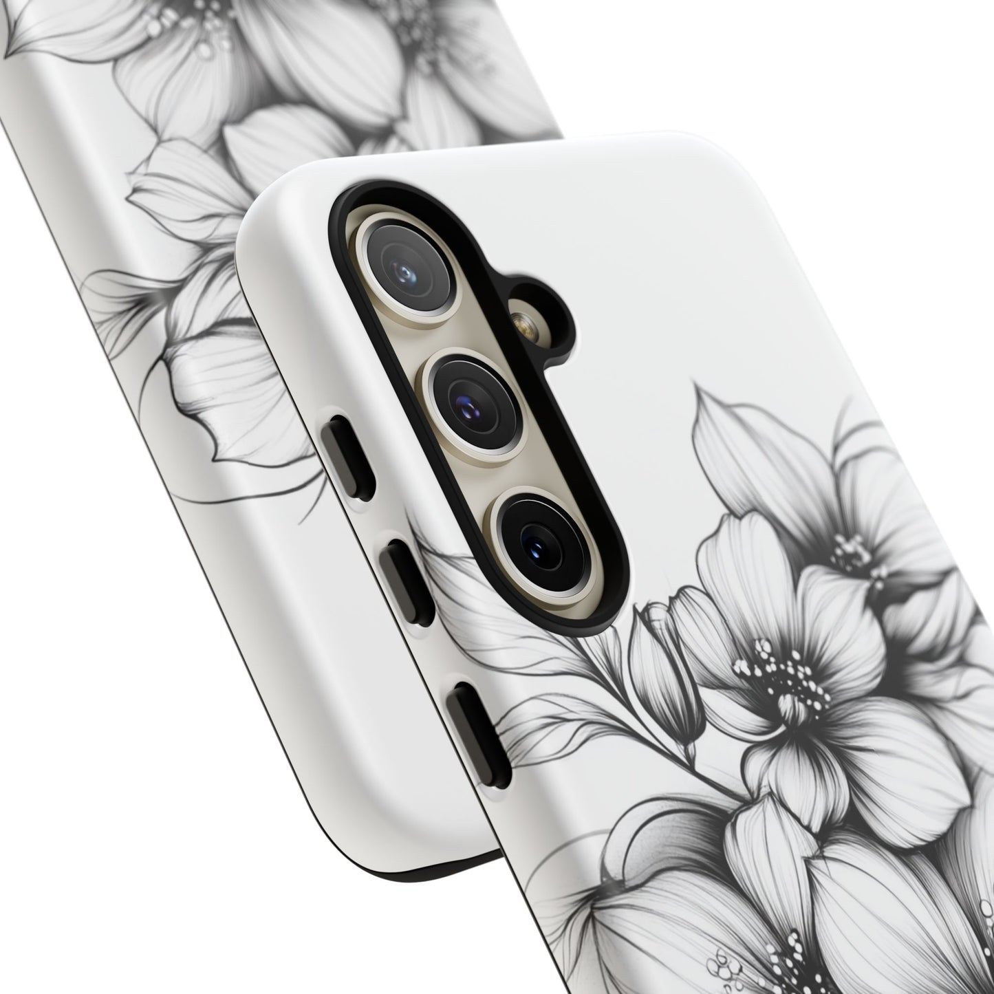 Floral Sketch Tough Case — Black & White Hand-Drawn Blossom Phone Cover