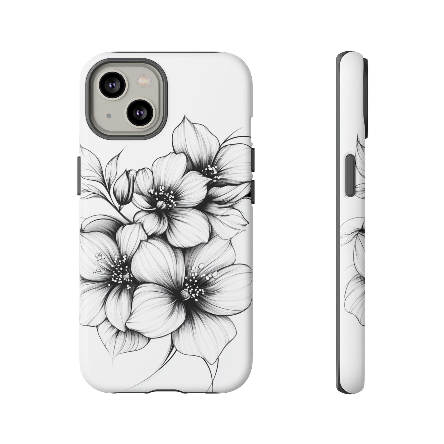 Floral Sketch Tough Case — Black & White Hand-Drawn Blossom Phone Cover