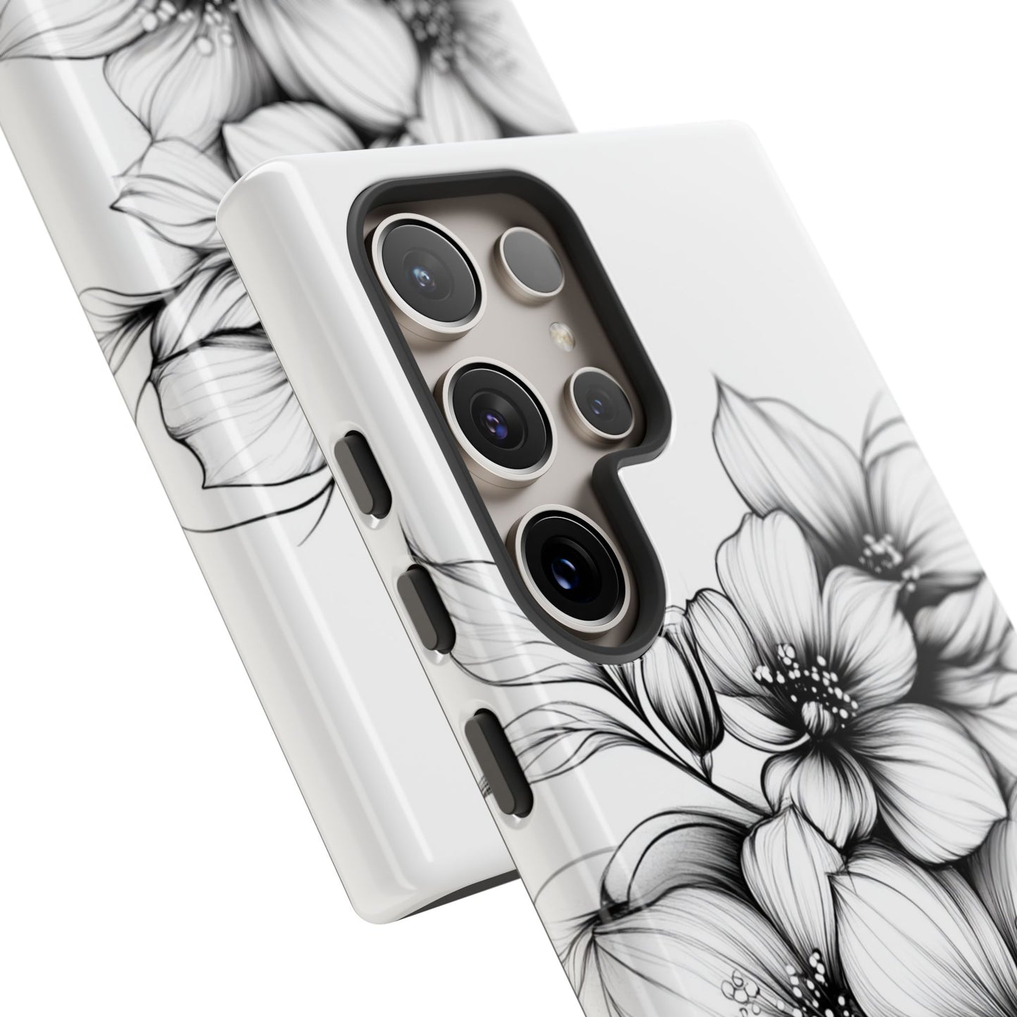 Floral Sketch Tough Case — Black & White Hand-Drawn Blossom Phone Cover