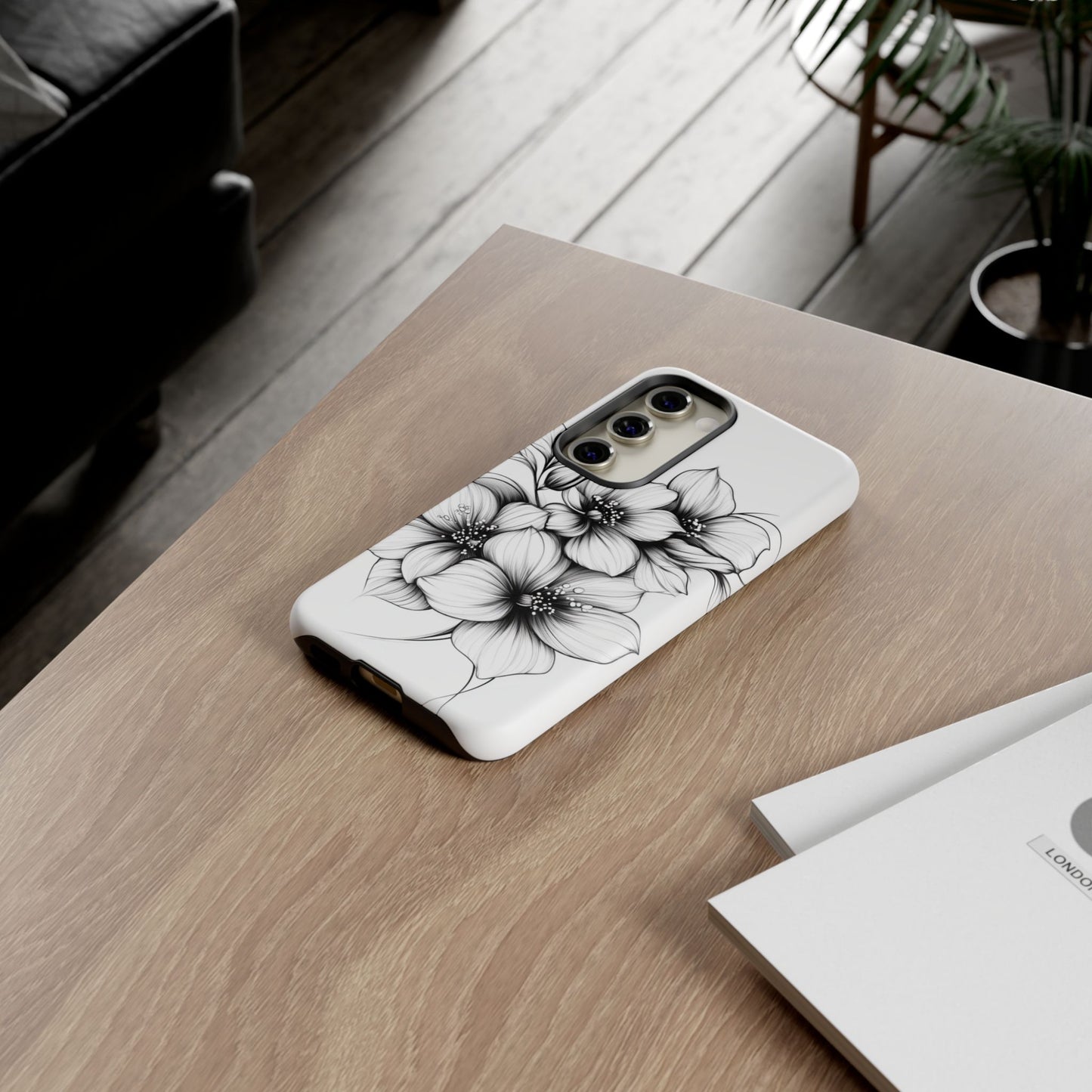 Floral Sketch Tough Case — Black & White Hand-Drawn Blossom Phone Cover