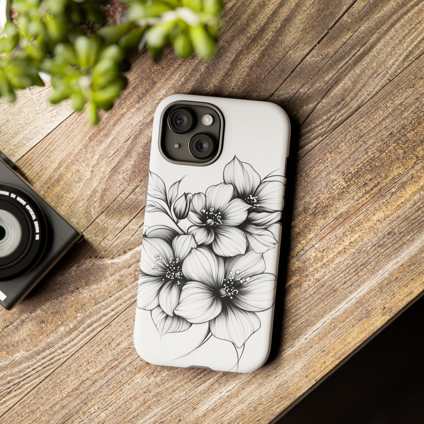 Floral Sketch Tough Case — Black & White Hand-Drawn Blossom Phone Cover