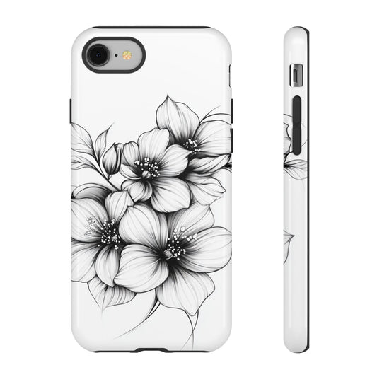 Floral Sketch Tough Case — Black & White Hand-Drawn Blossom Phone Cover