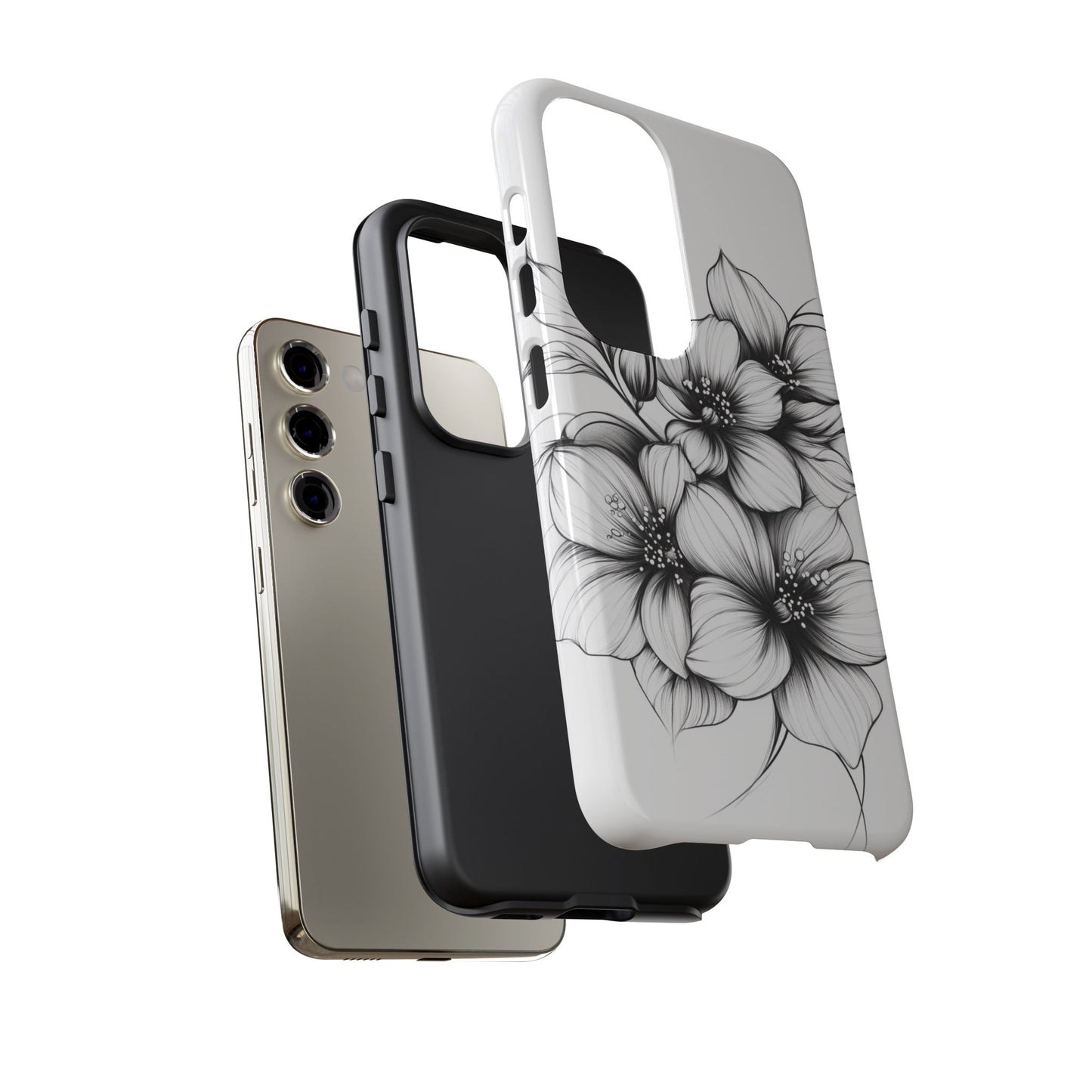Floral Sketch Tough Case — Black & White Hand-Drawn Blossom Phone Cover
