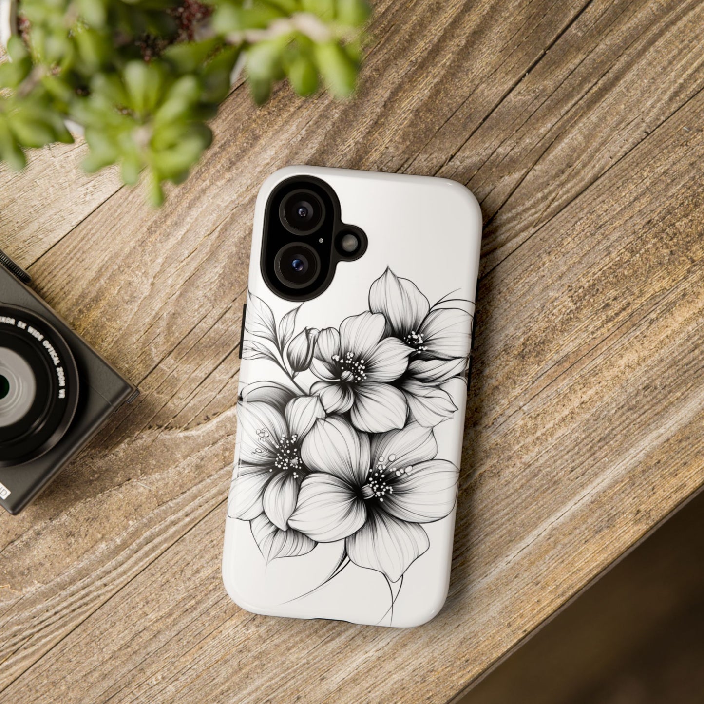 Floral Sketch Tough Case — Black & White Hand-Drawn Blossom Phone Cover