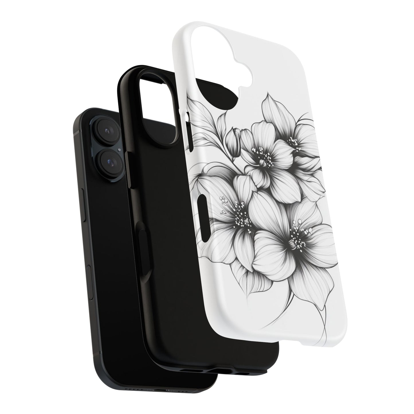 Floral Sketch Tough Case — Black & White Hand-Drawn Blossom Phone Cover
