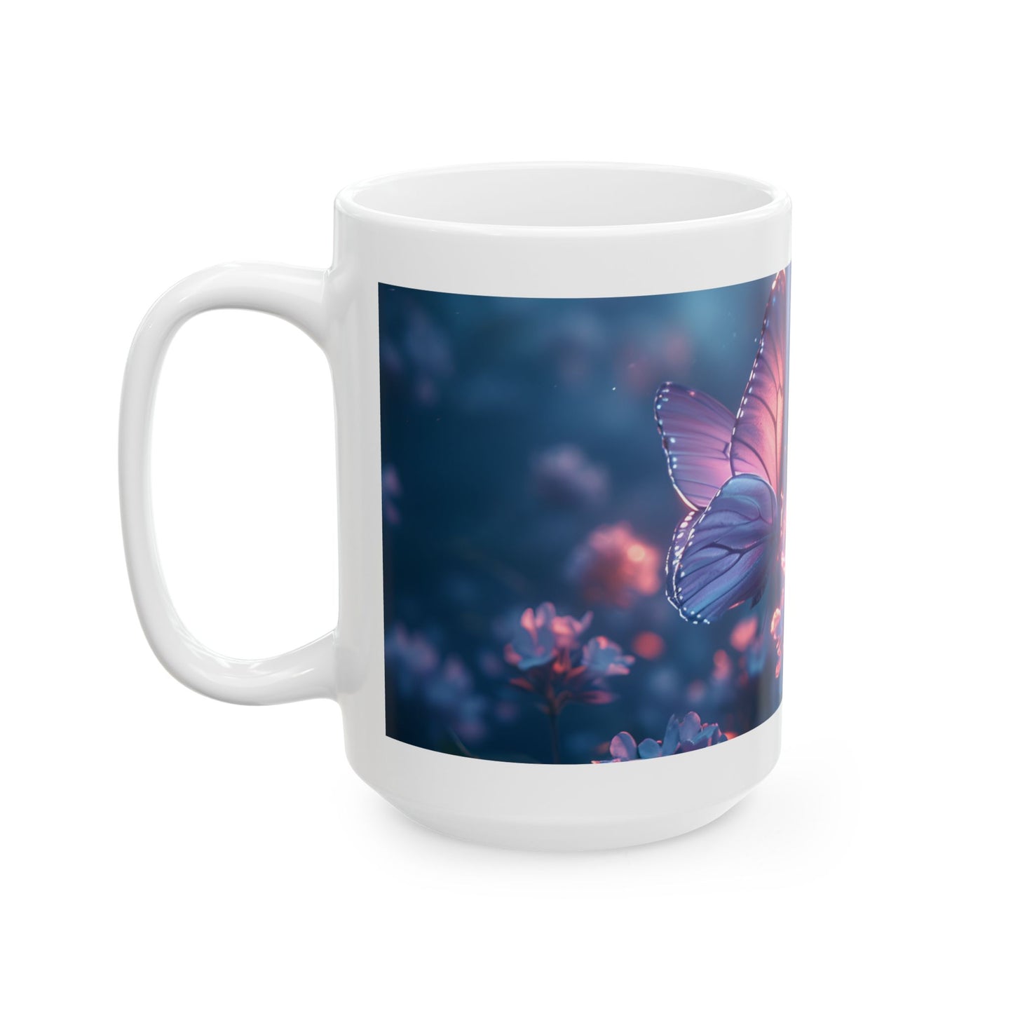 Butterfly Garden Ceramic Mug — Dreamy Purple Floral Butterfly Coffee Cup 15oz
