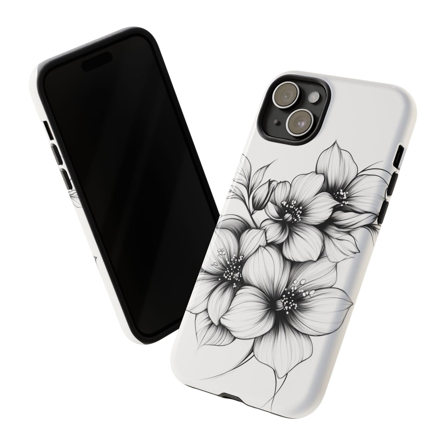 Floral Sketch Tough Case — Black & White Hand-Drawn Blossom Phone Cover