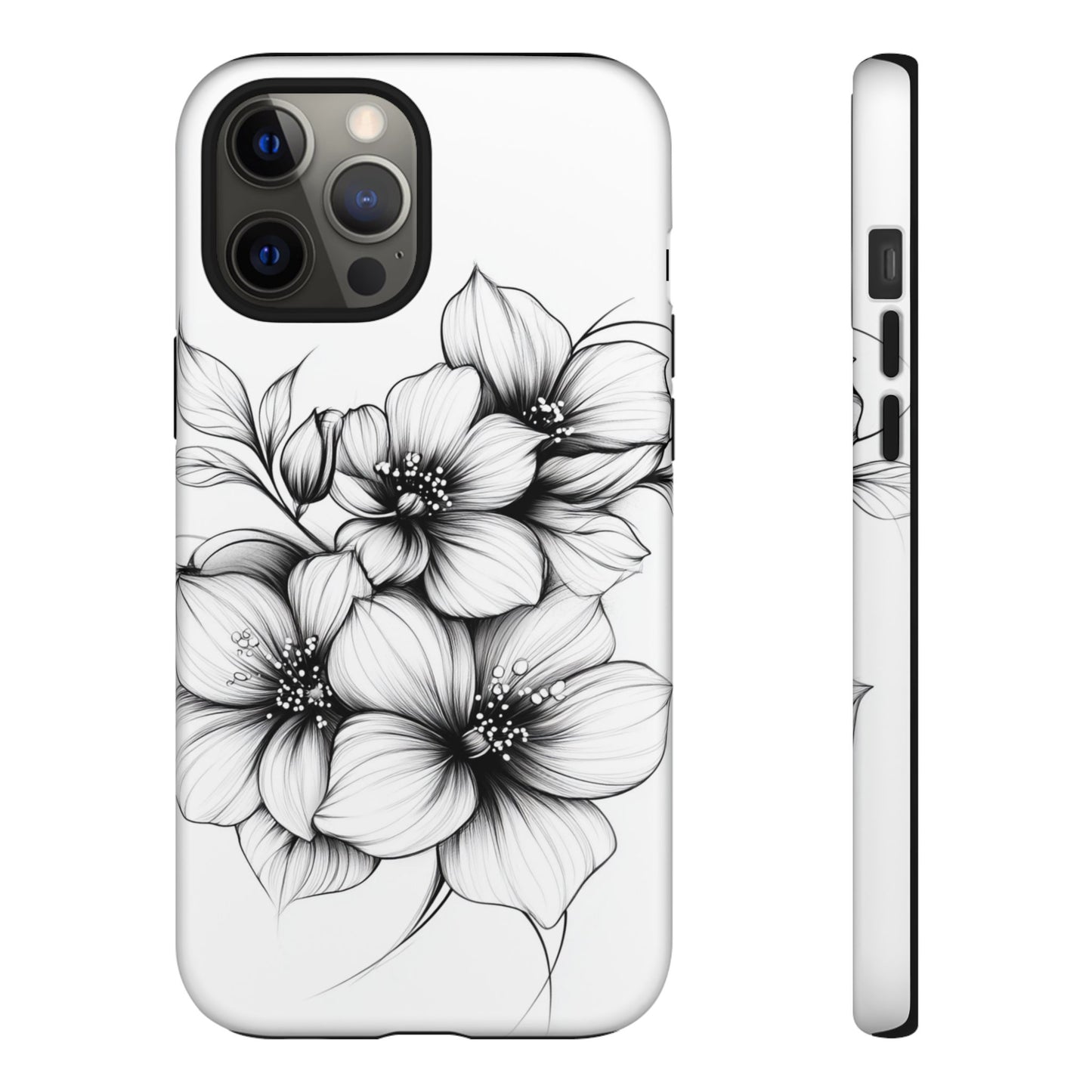 Floral Sketch Tough Case — Black & White Hand-Drawn Blossom Phone Cover