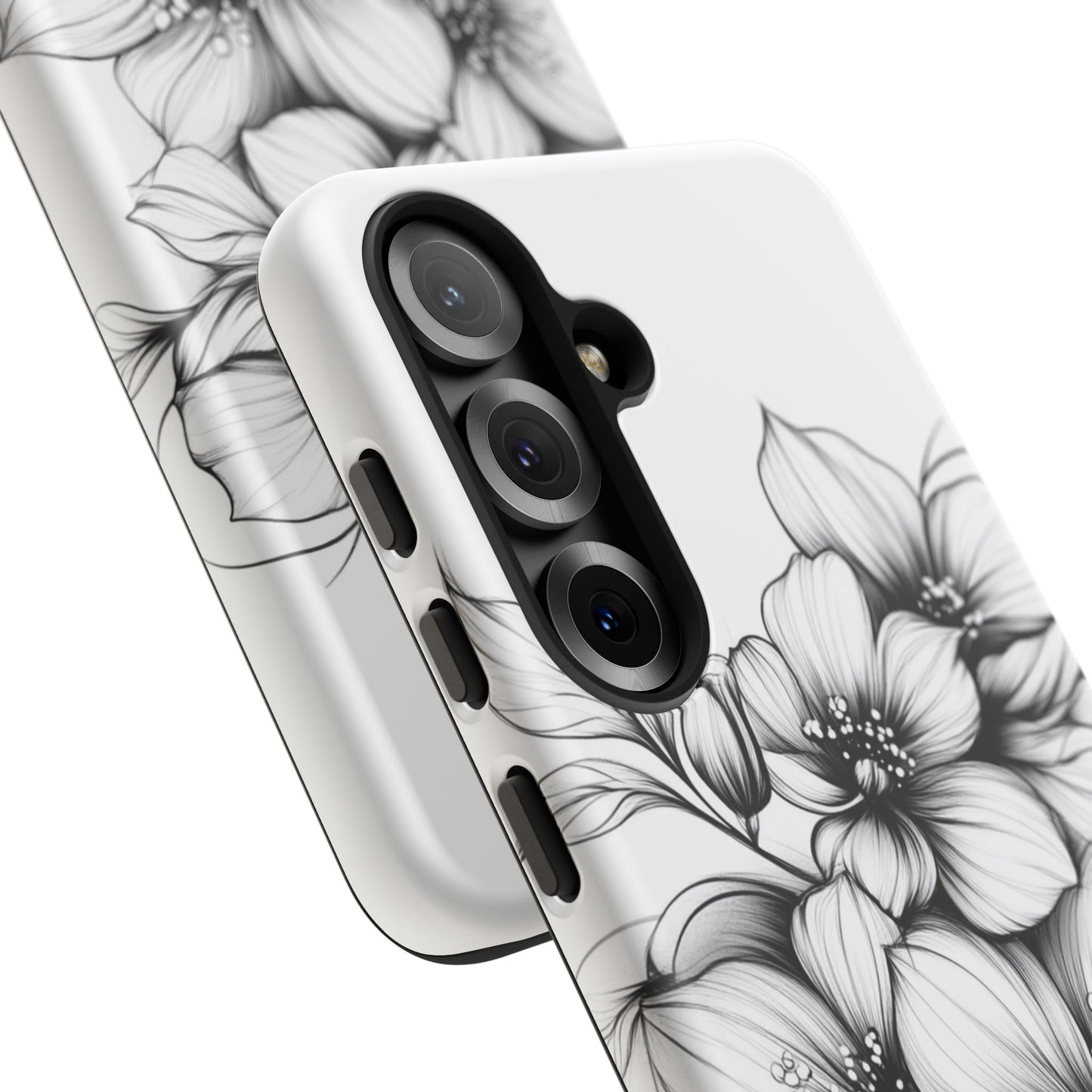 Floral Sketch Tough Case — Black & White Hand-Drawn Blossom Phone Cover