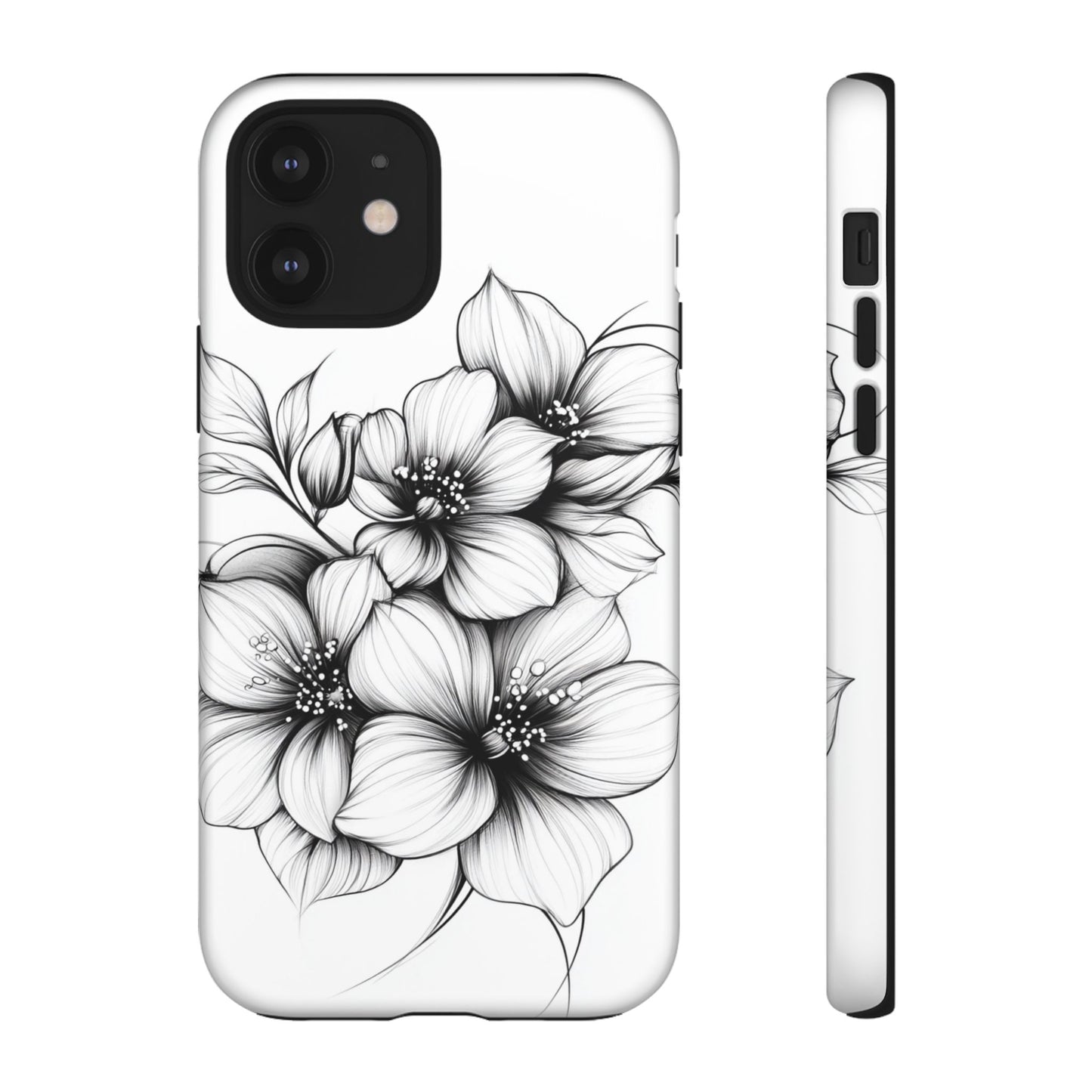Floral Sketch Tough Case — Black & White Hand-Drawn Blossom Phone Cover
