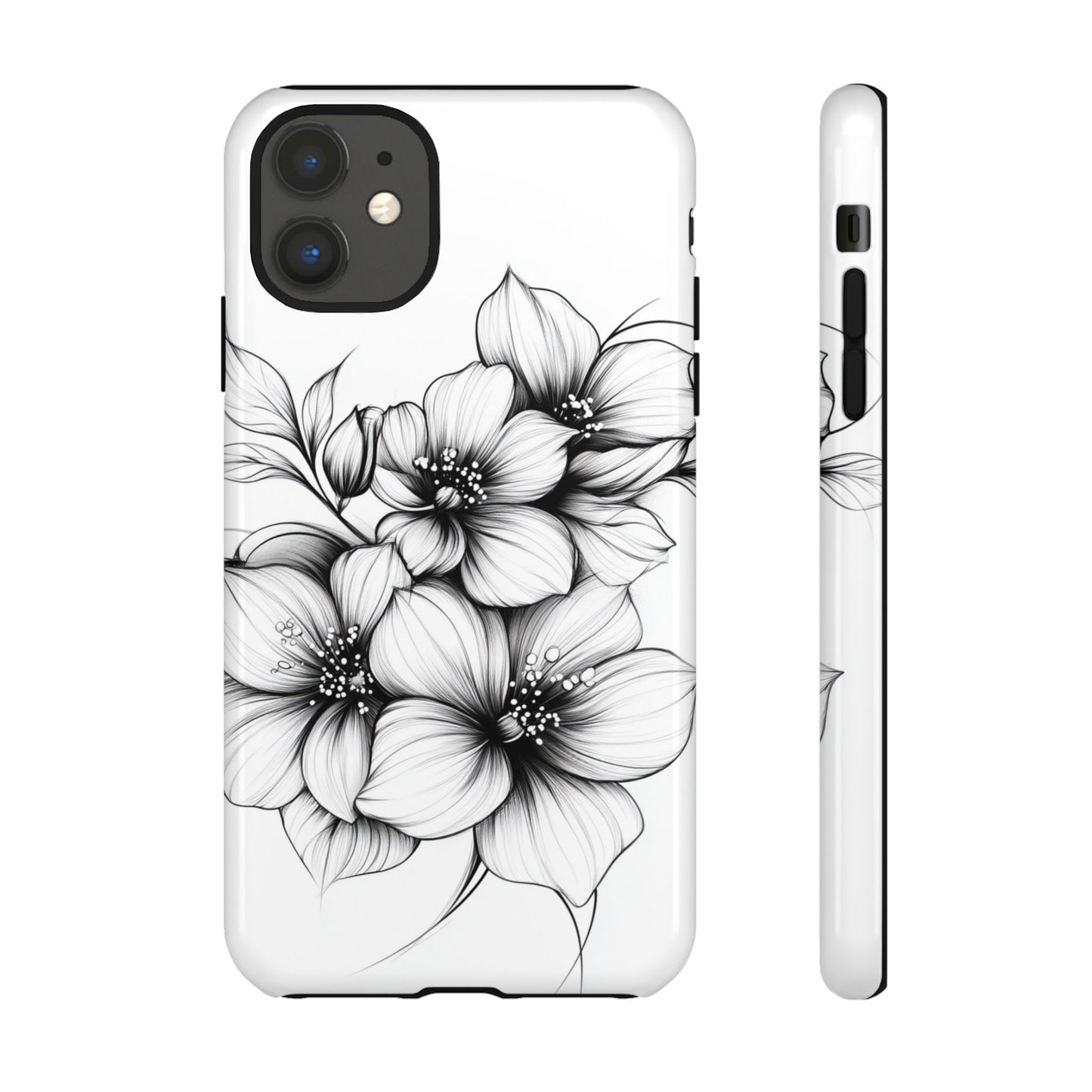 Floral Sketch Tough Case — Black & White Hand-Drawn Blossom Phone Cover
