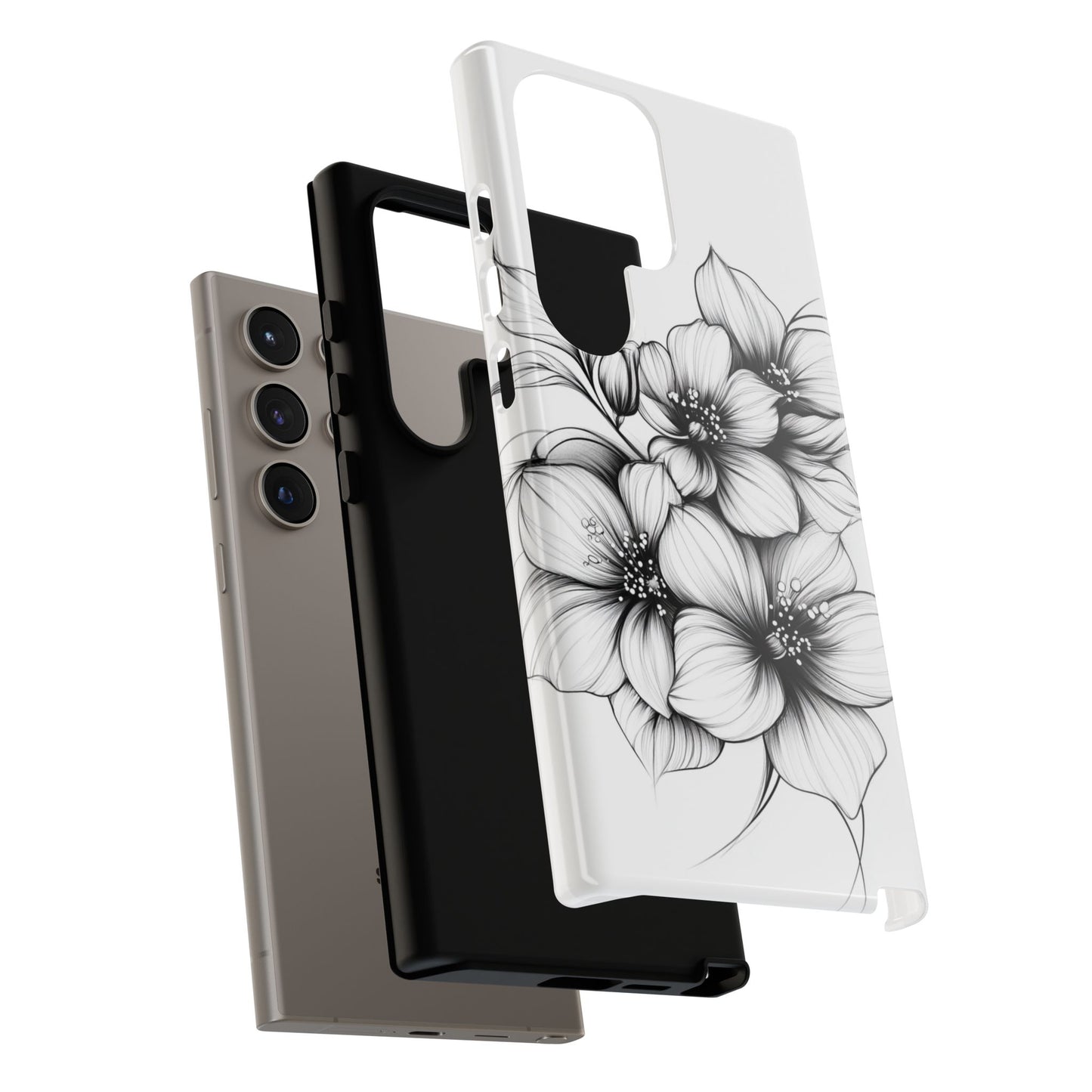 Floral Sketch Tough Case — Black & White Hand-Drawn Blossom Phone Cover
