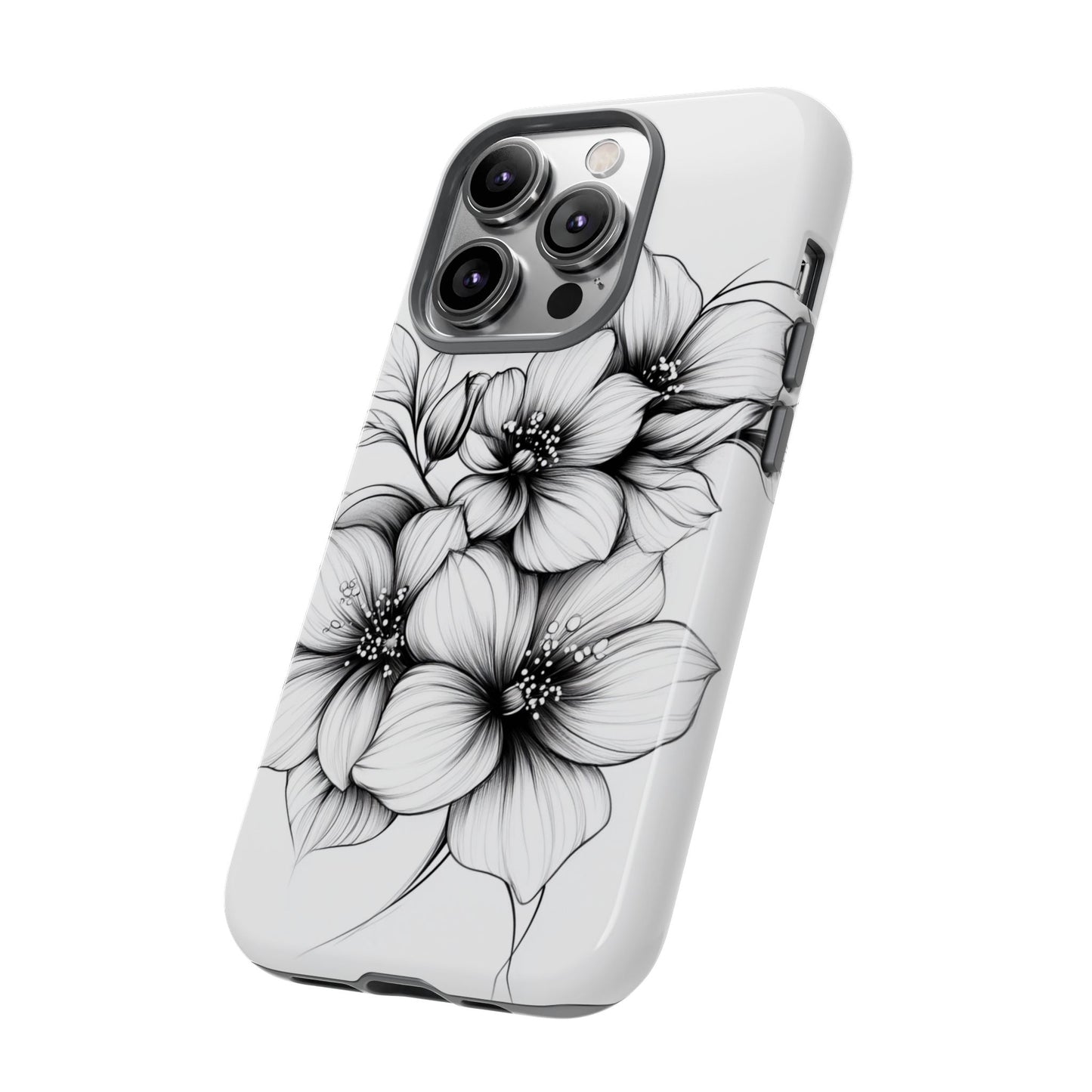 Floral Sketch Tough Case — Black & White Hand-Drawn Blossom Phone Cover