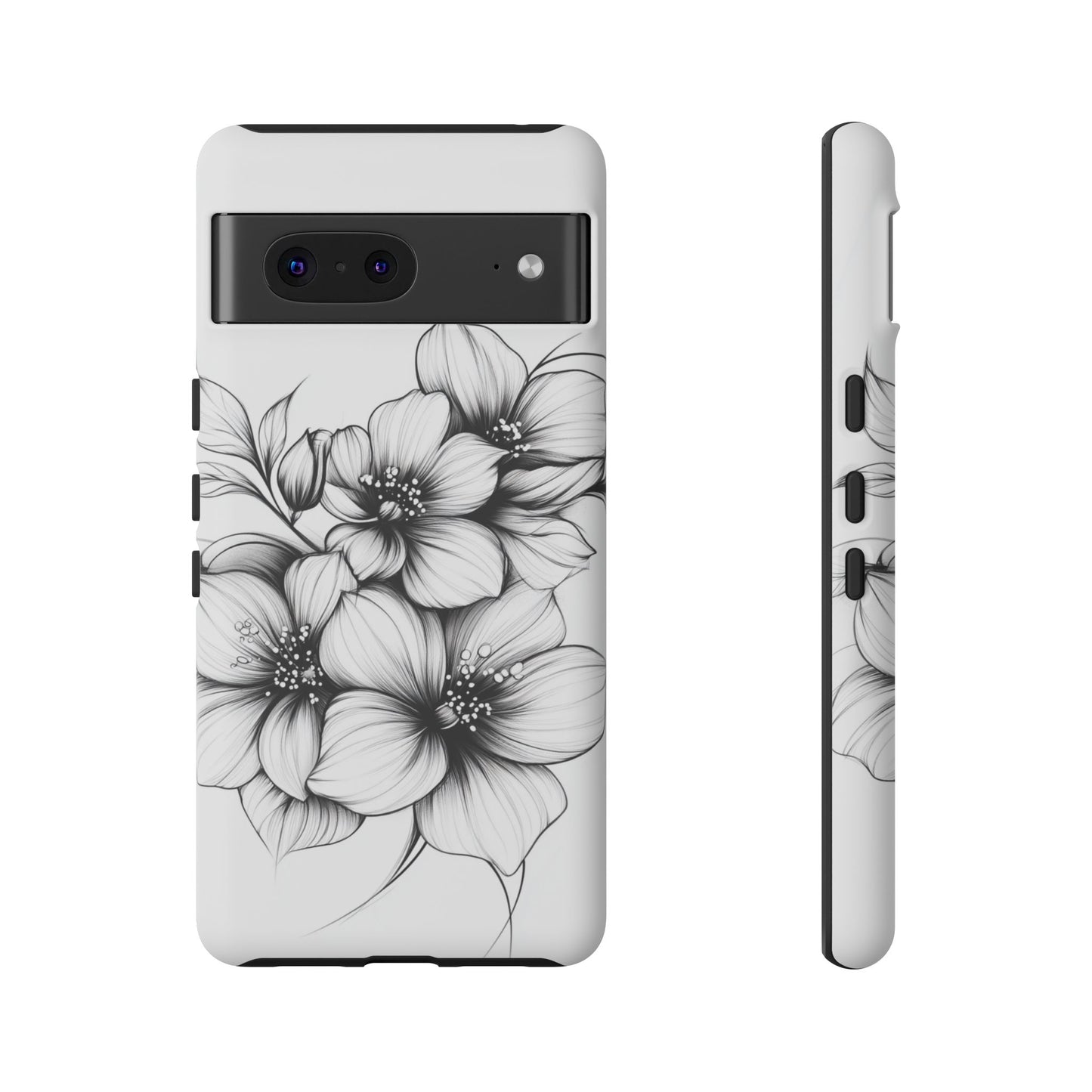 Floral Sketch Tough Case — Black & White Hand-Drawn Blossom Phone Cover