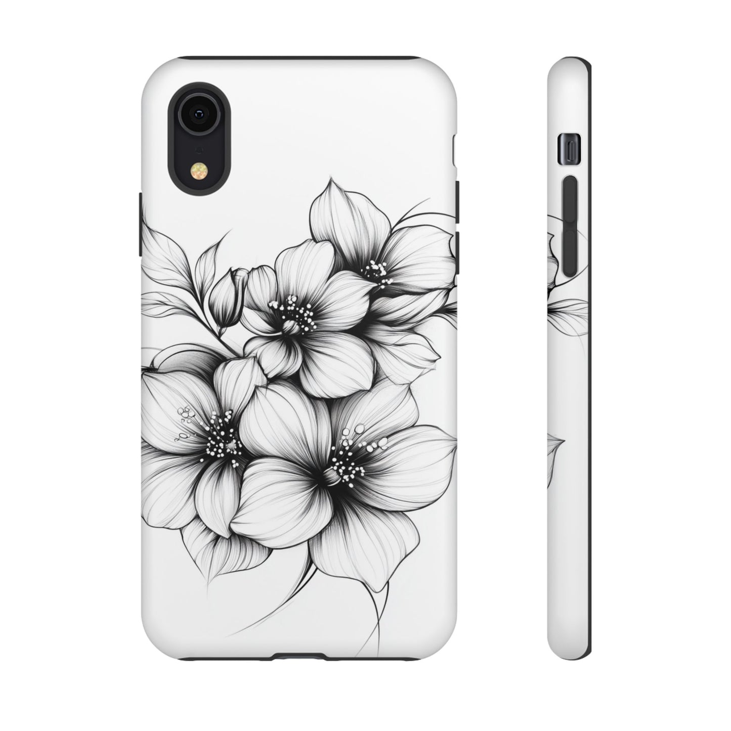 Floral Sketch Tough Case — Black & White Hand-Drawn Blossom Phone Cover