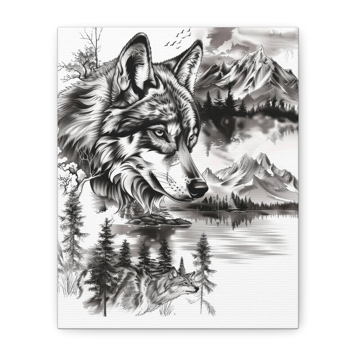 Wolf Landscape Canvas Print — Monochrome Mountain & Forest Wall Art